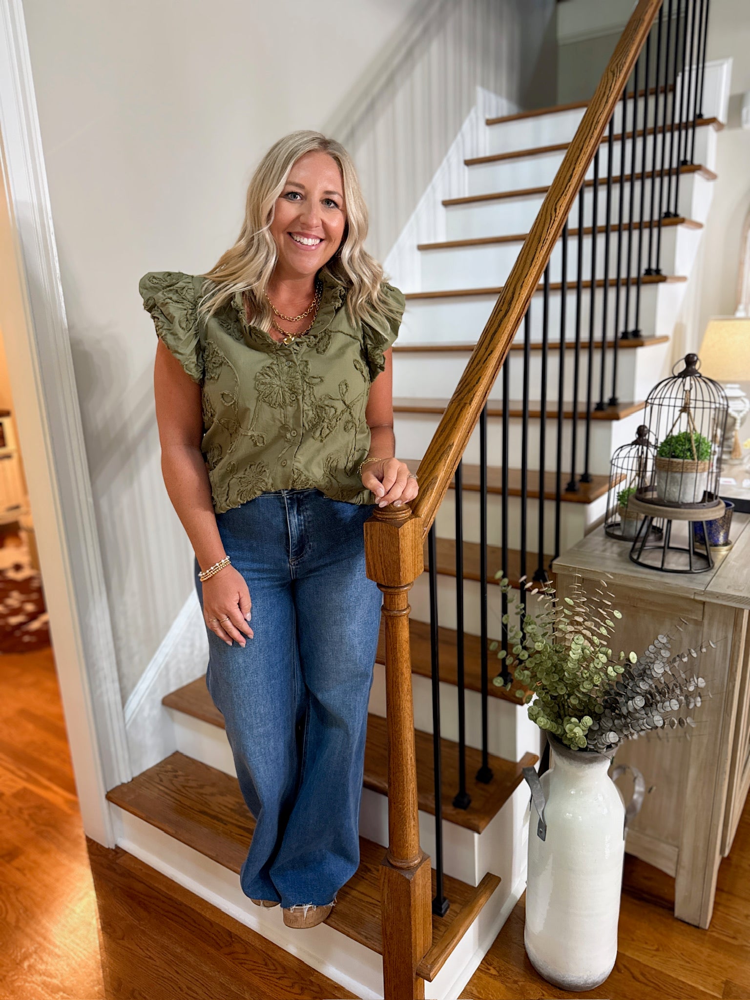 Already Gone Floral Detail Sleeveless Button Down Top in Olive