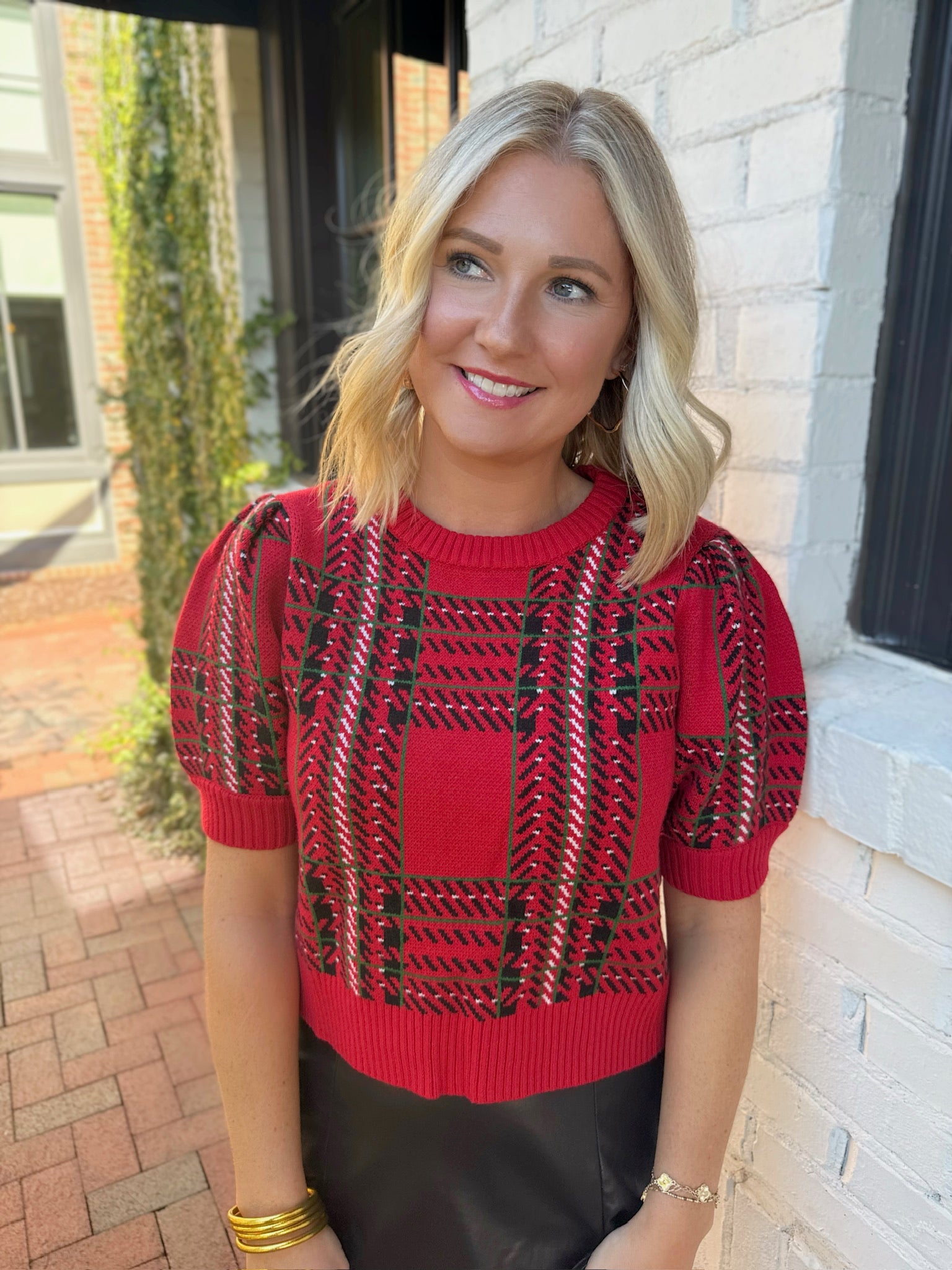 Holiday Spirit Cropped Plaid Short Sleeve Knit Top