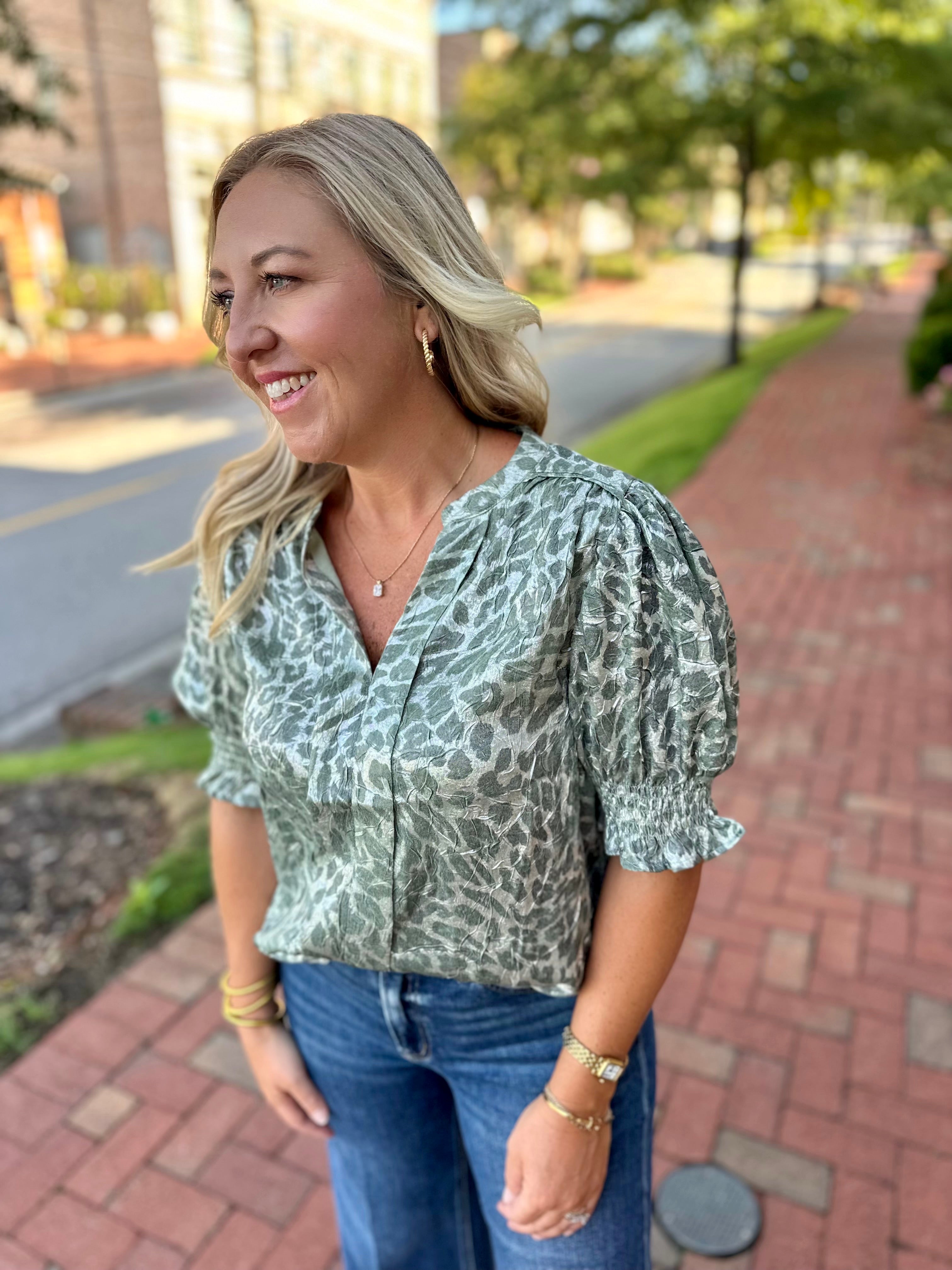 Safari Chic Short Sleeve V-Neck Animal Print Top