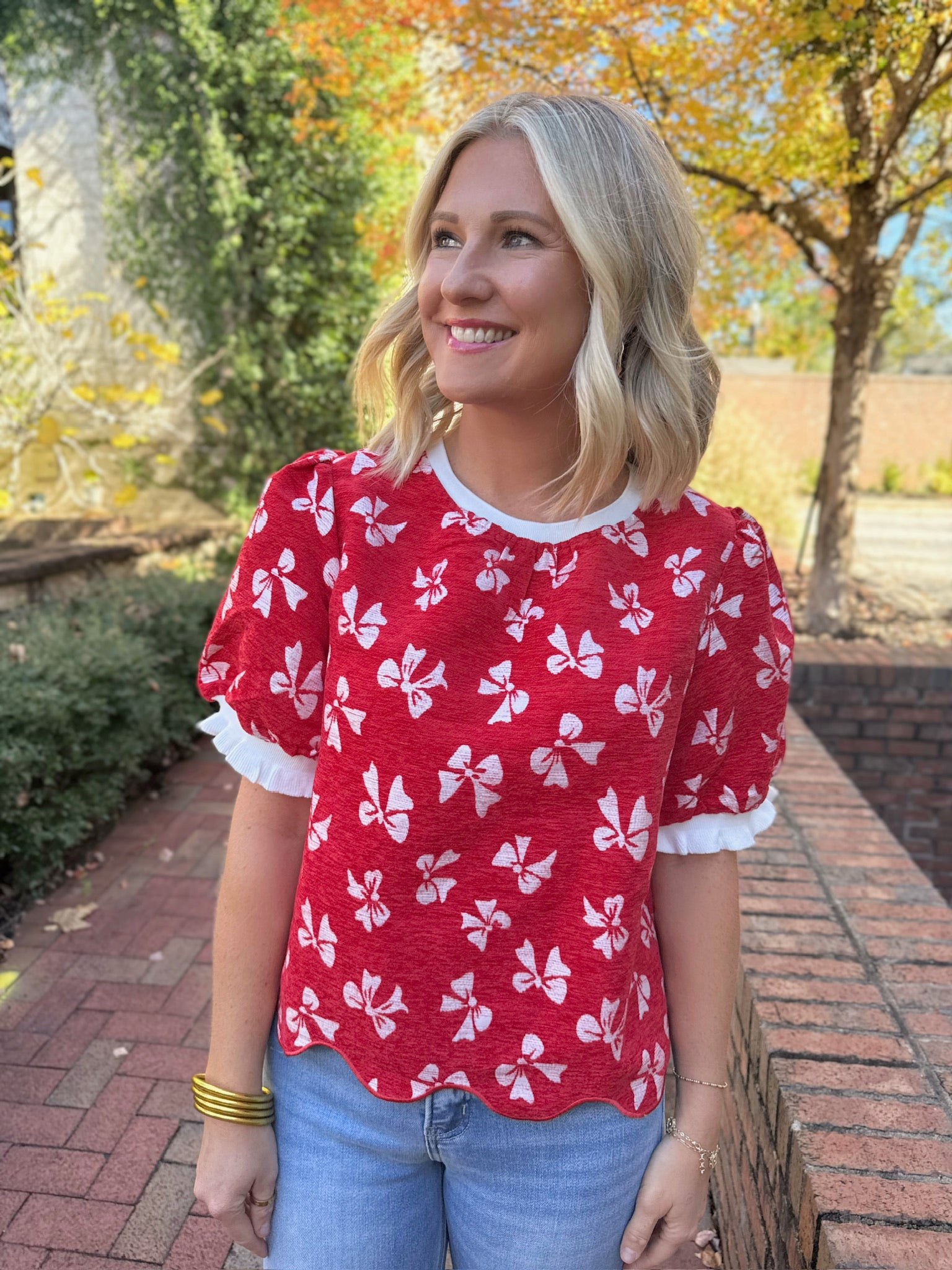 Winter With You Bow Print Short Sleeve Velvet Top