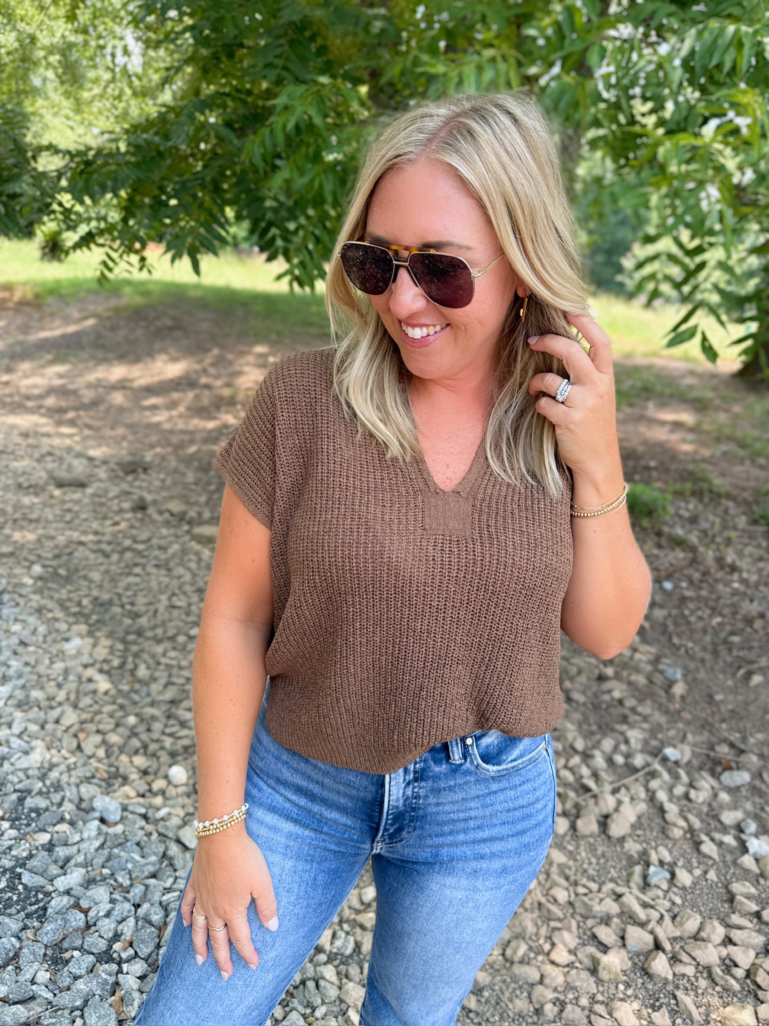 Stay Dry Split Neck Short Sleeve Knit Top in Brown