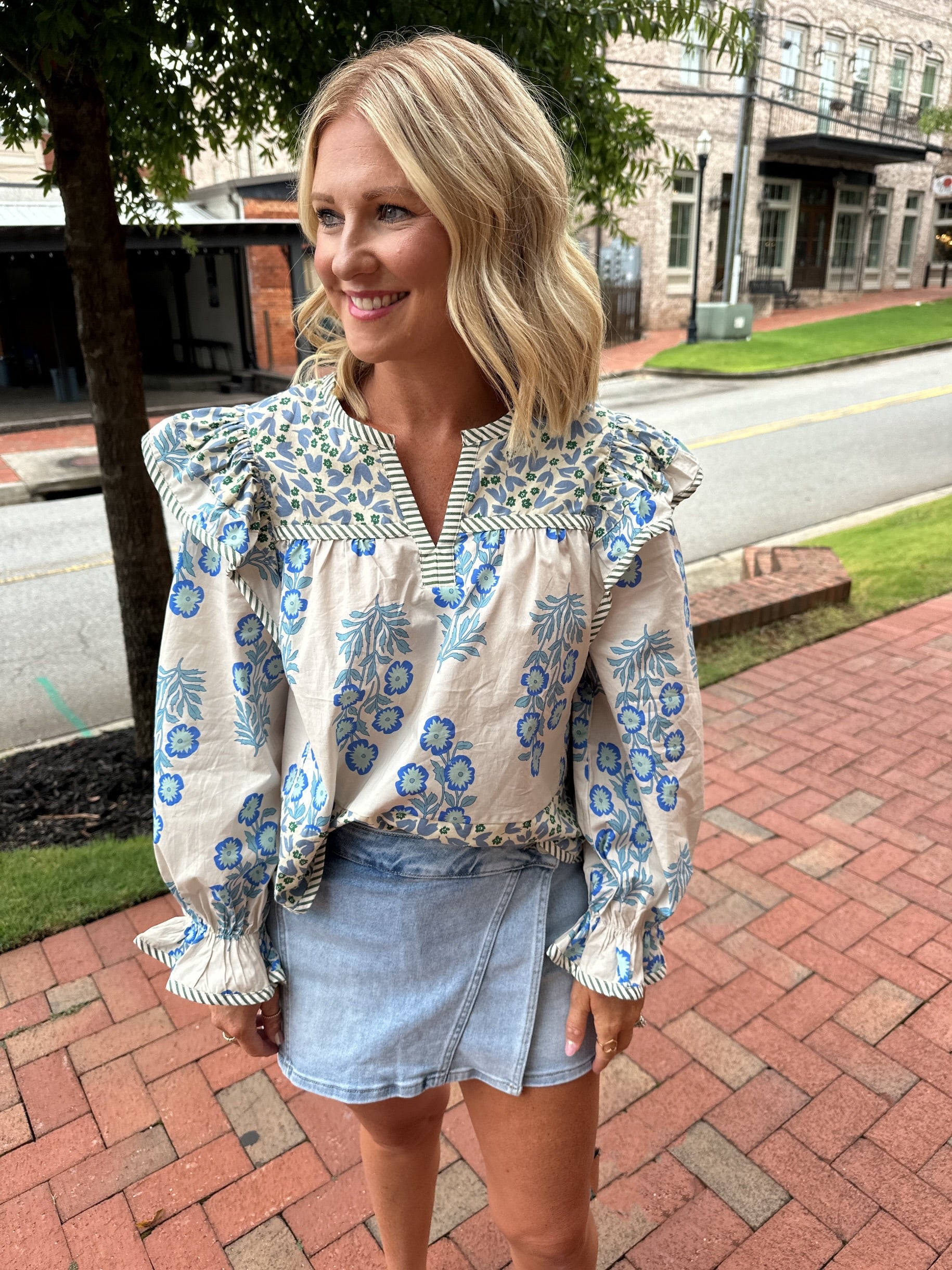 Falling into Florals Multi Print Long Sleeve with Ruffles in Blue