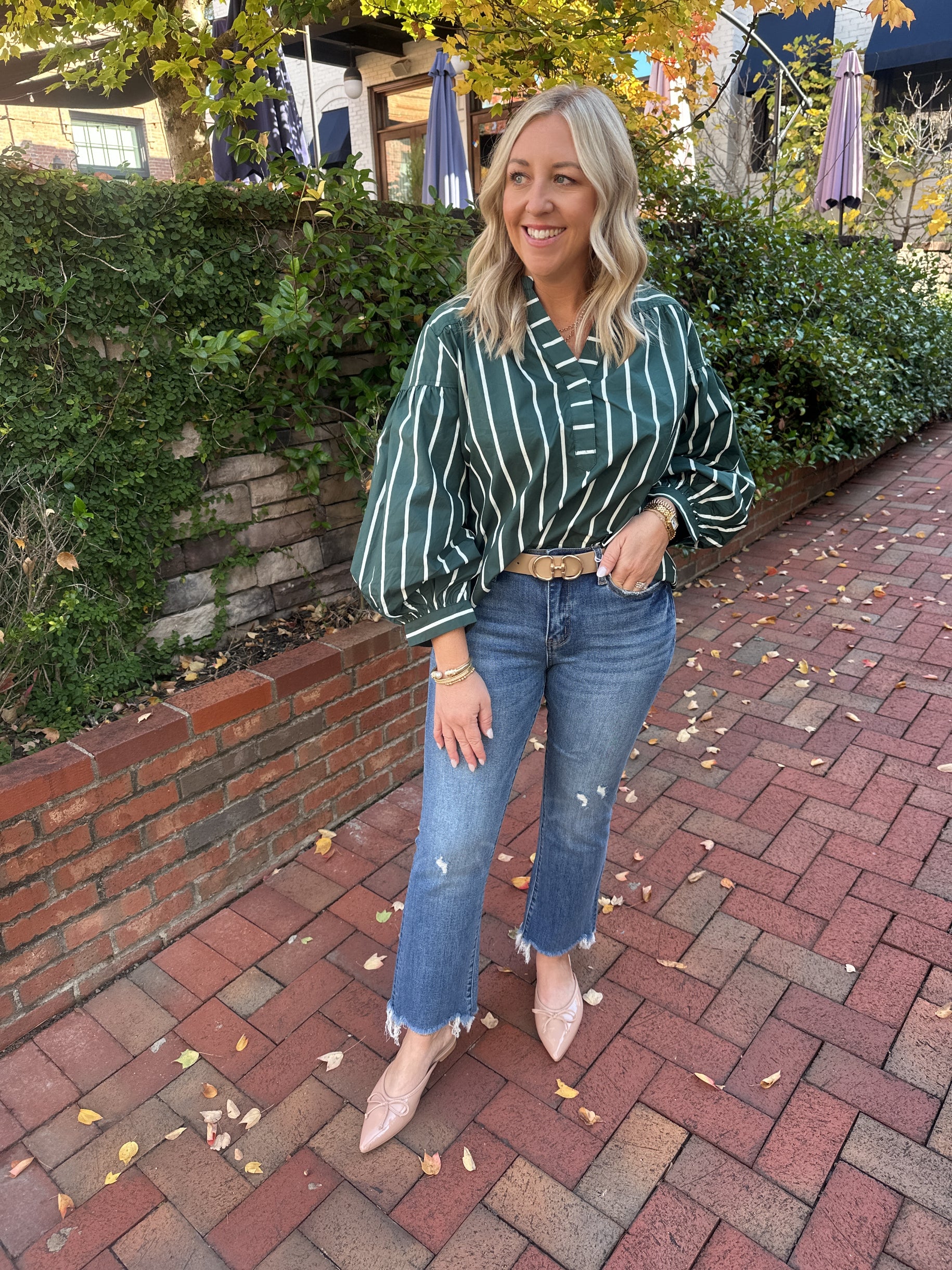 Crystal Pine Long Puff Sleeve V Neck Striped Top