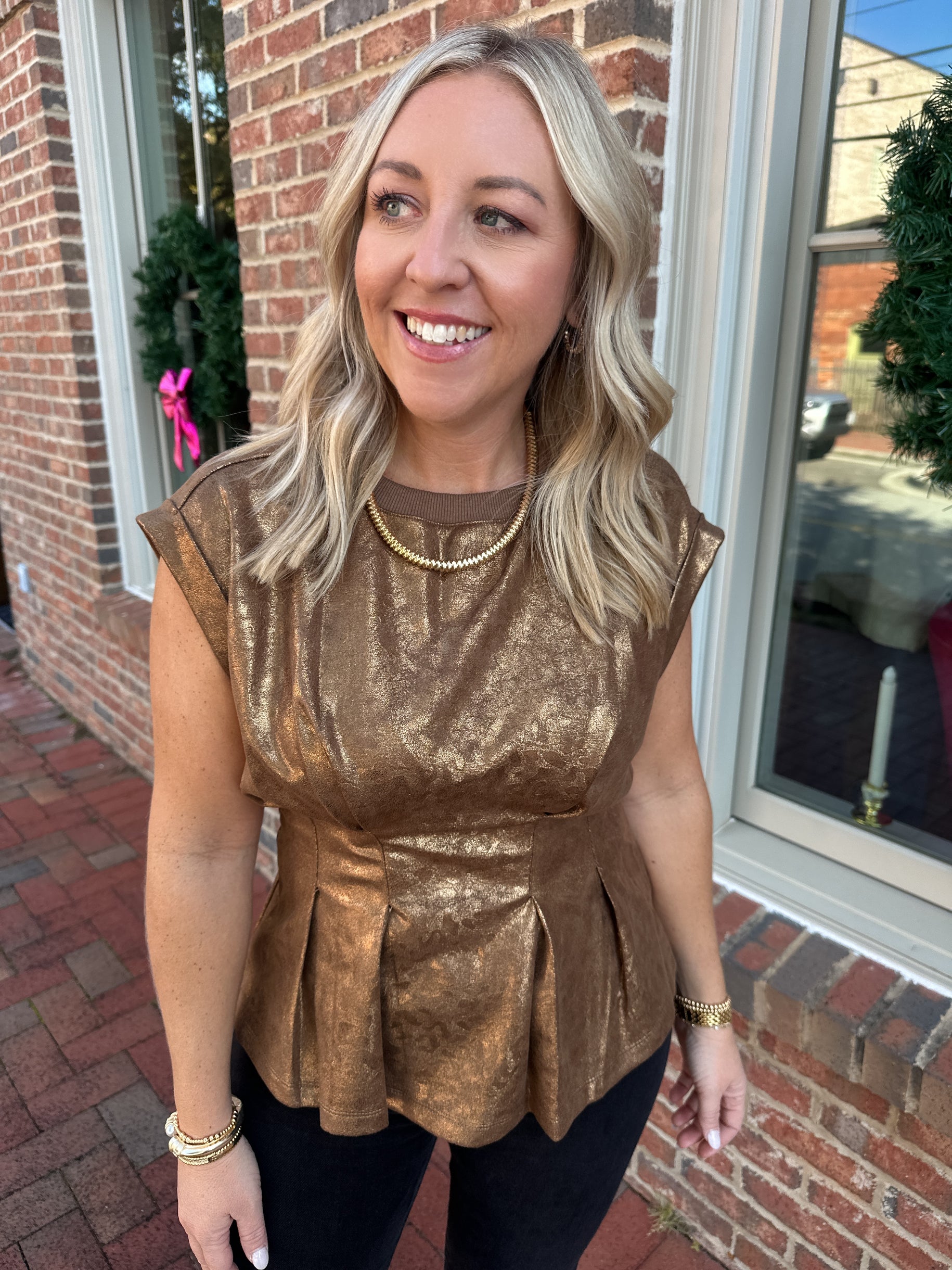 Take My Hand Metallic Structured Peplum Top