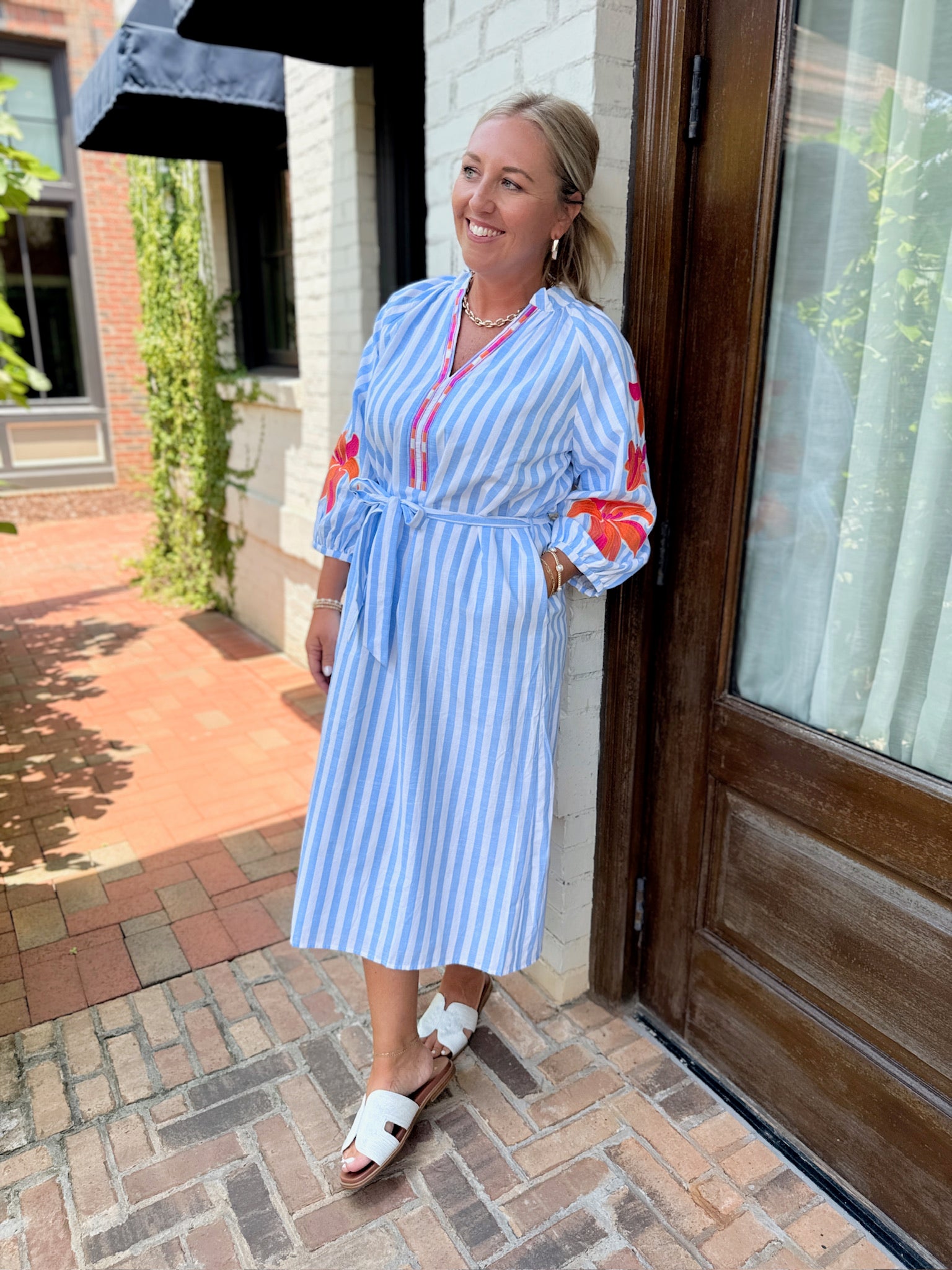 The Love For Summer Striped Midi Dress with Embroidered Sleeves