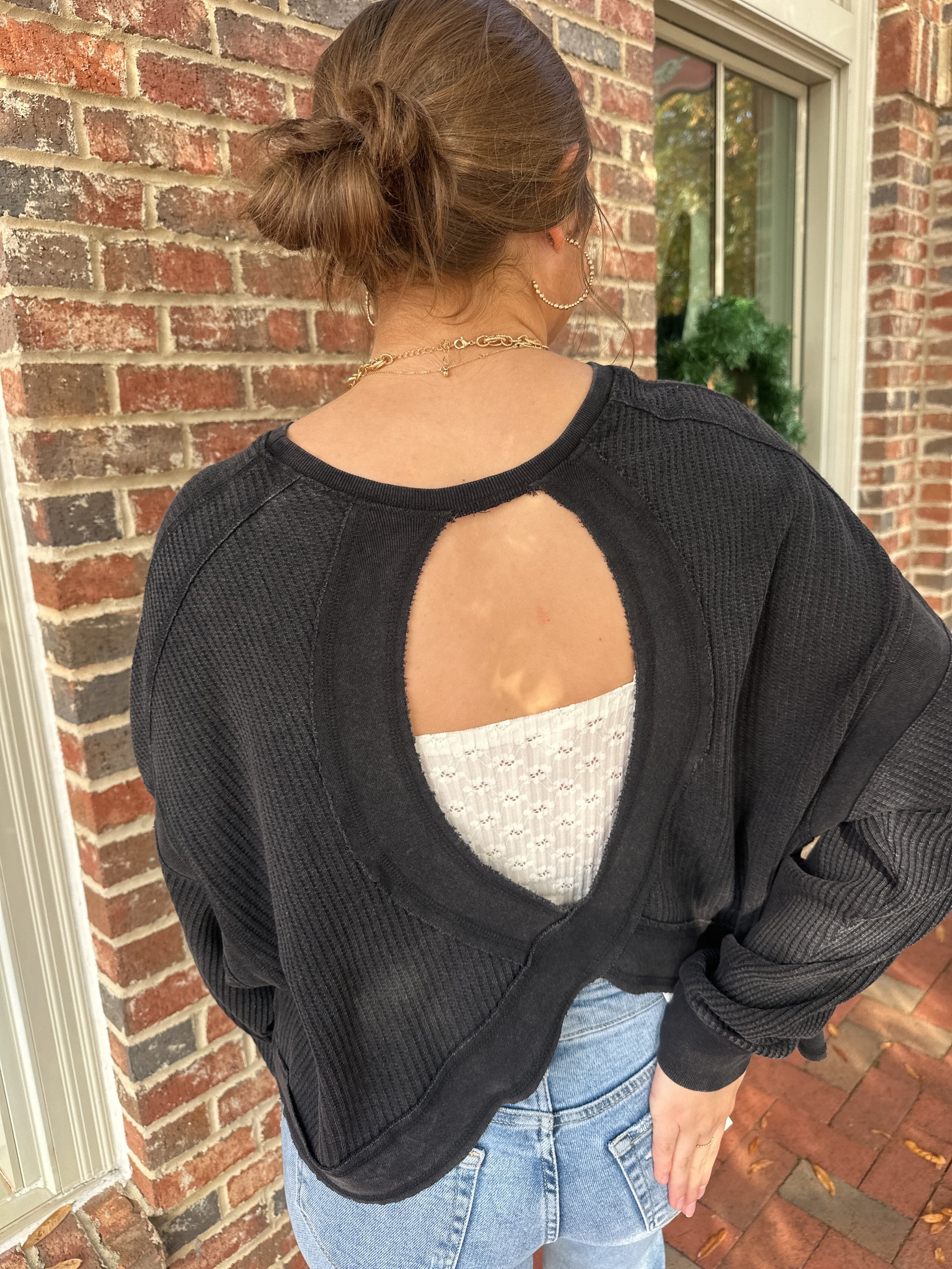 Contrast To You Open Back Waffle Knit Top in Black