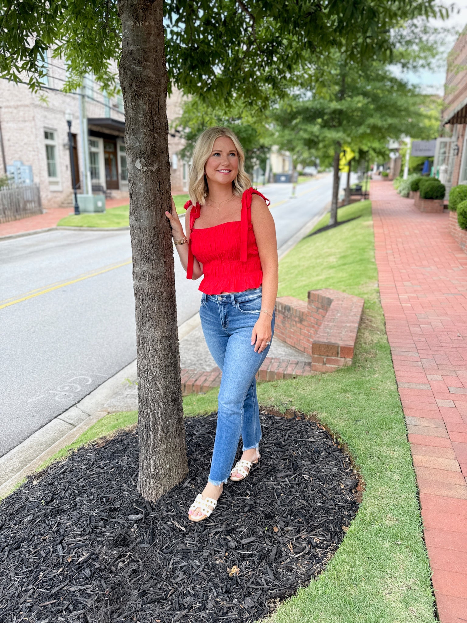 Poppy In Red Smocked Tie Strap Tank Top