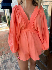 Take Me Out Smocked V-Neck Ruffled Cotton Gauze Romper-Coral