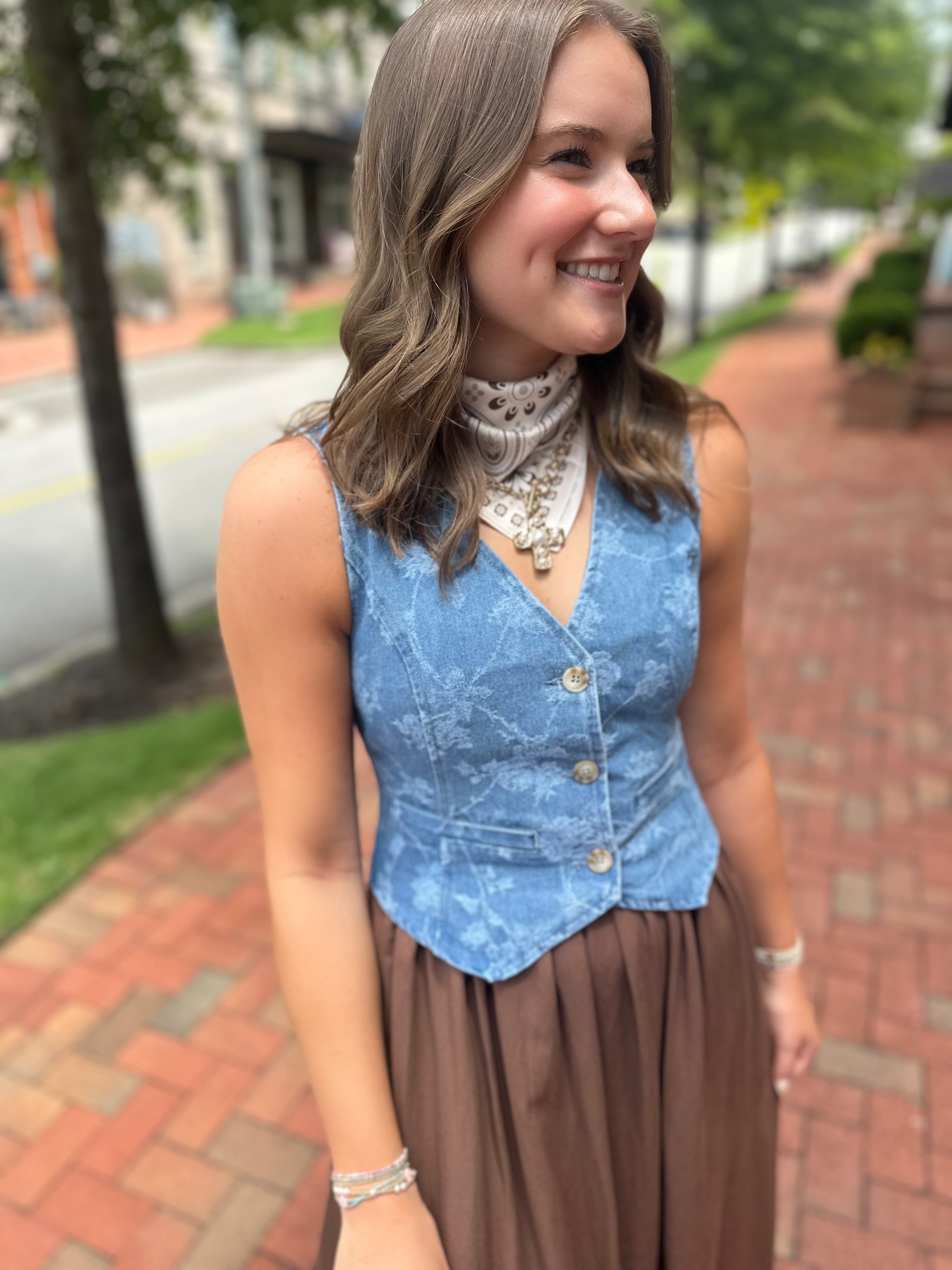 Georgia Time Button Down Floral Denim Vest