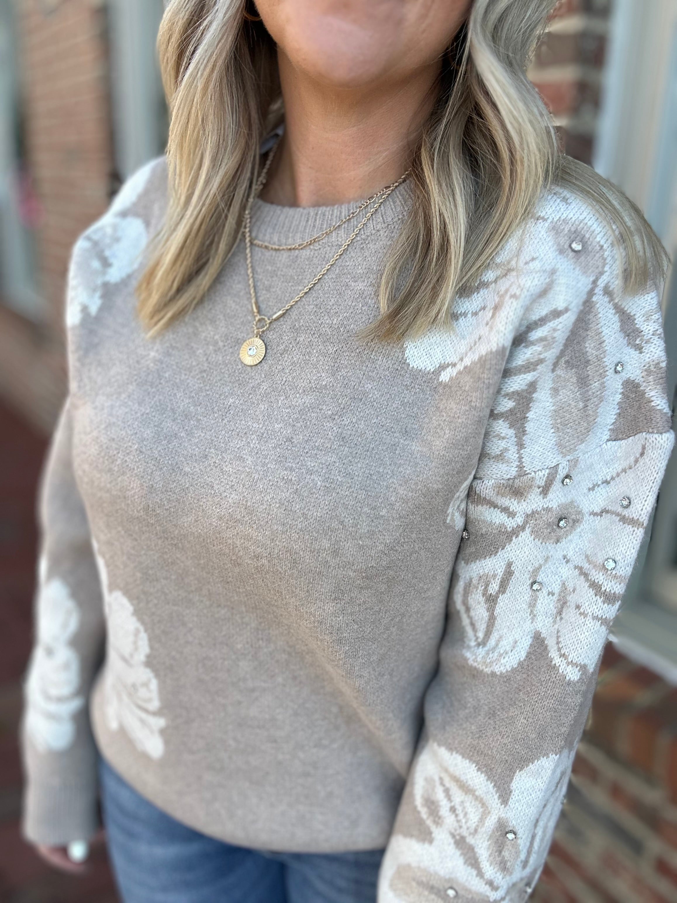 All I Want Large Floral with Stone Jacquard Sweater