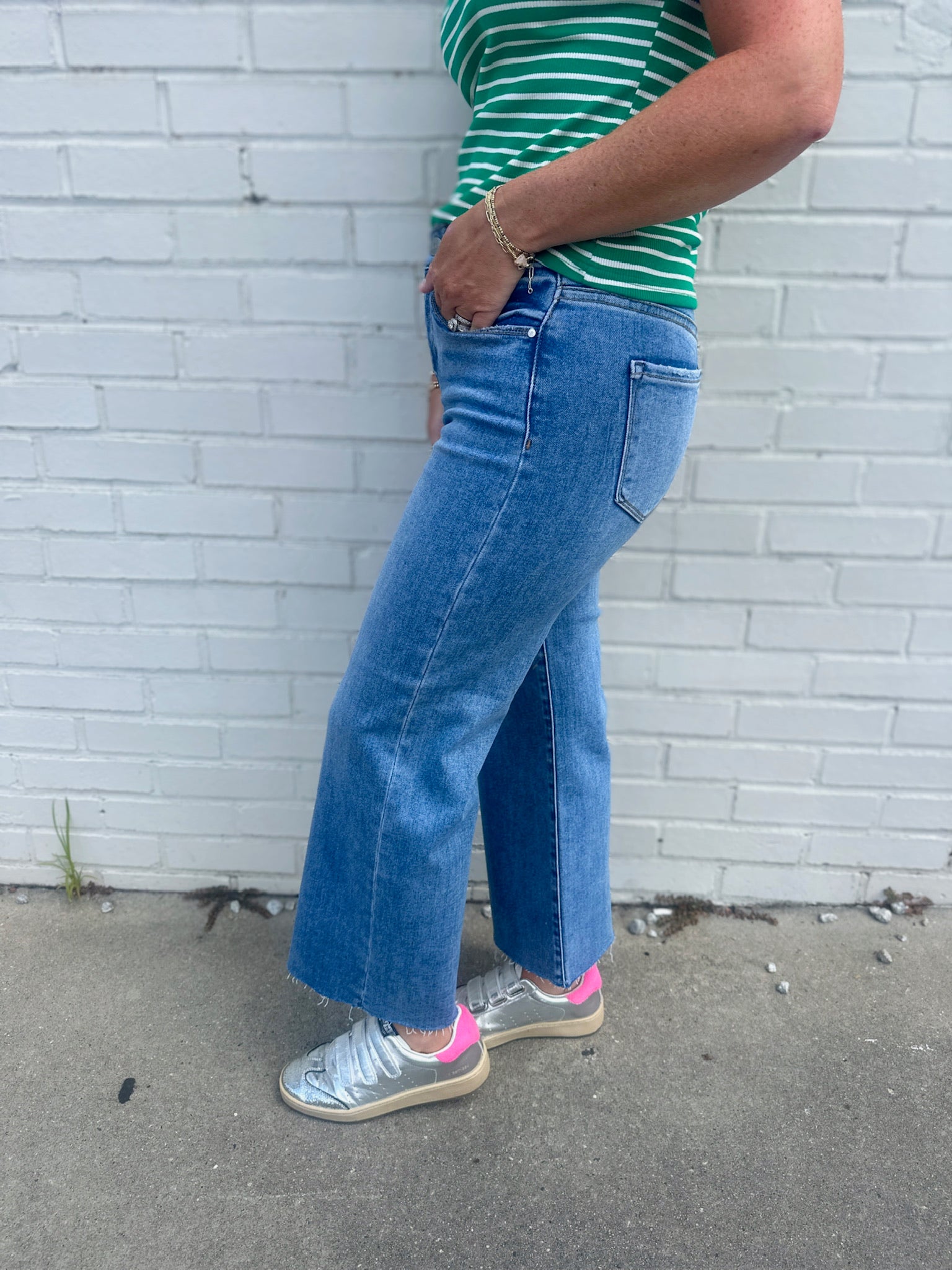 Stevie Mid Rise Tummy Control Crop Wide Light Wash Jeans