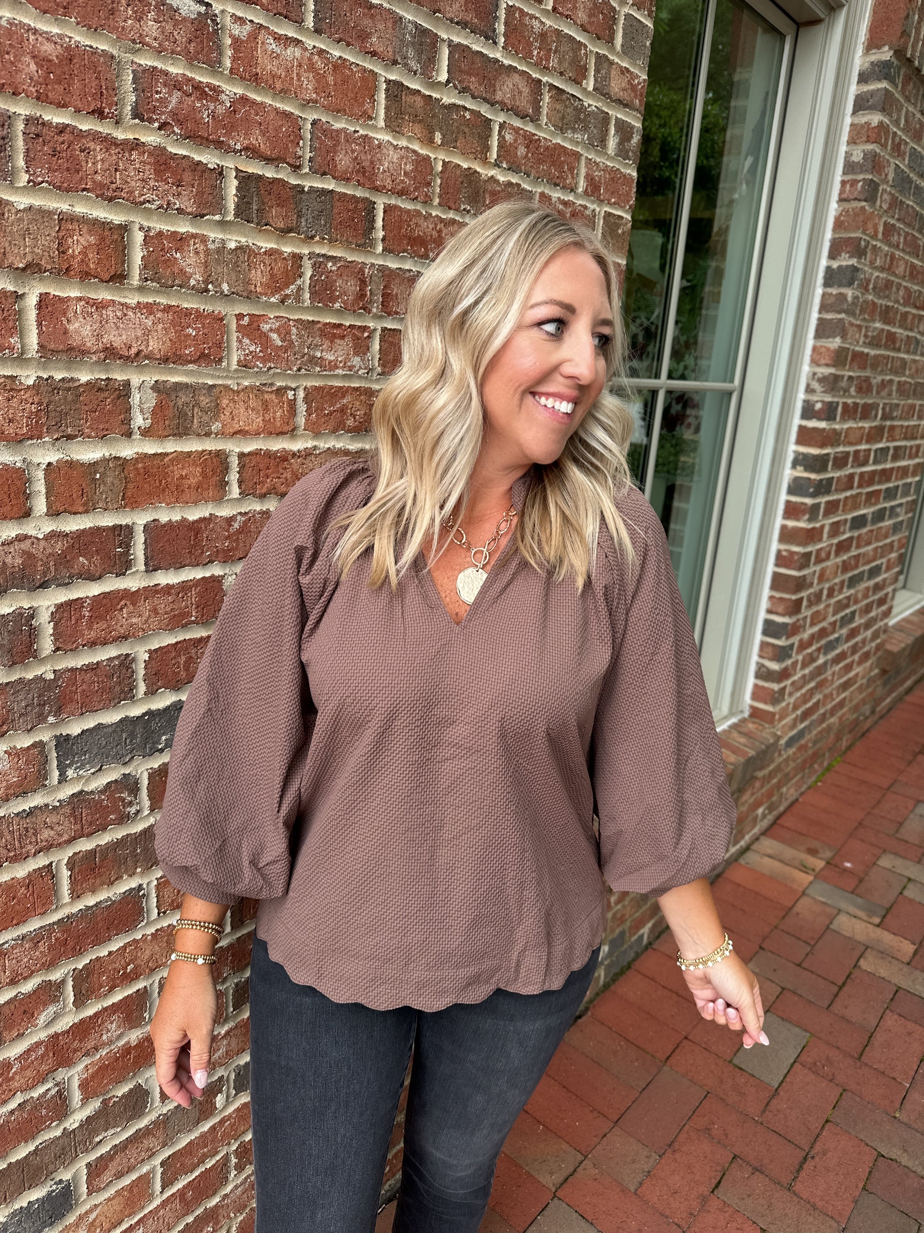 Feelin’ Myself Textured Blouse with Bubble Sleeve in Chocolate