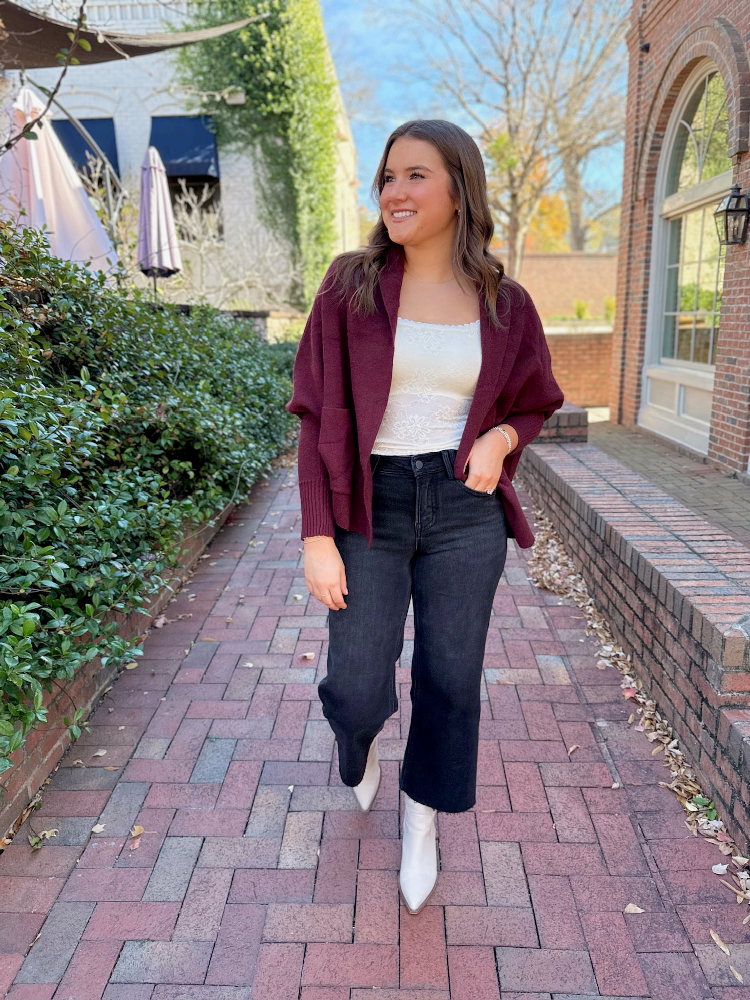 Keepin' It Cozy Cardigan with Front Pockets in Burgundy