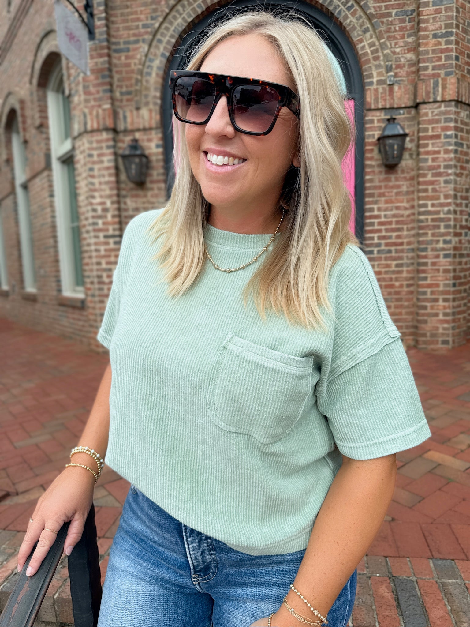 Out on the Road Washed Ribbed Top with Pocket in Olive