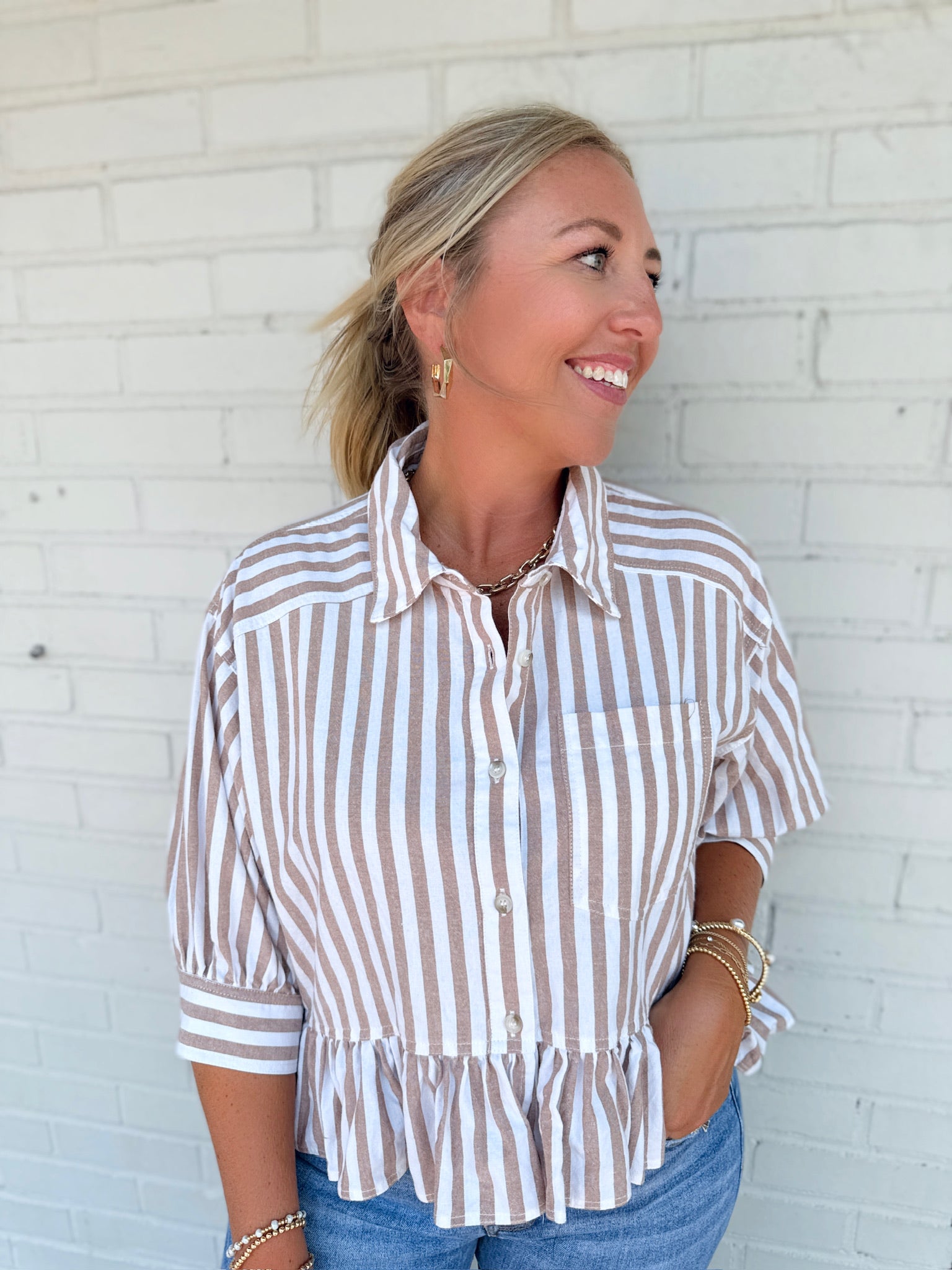 Easy Day Cropped Boxy Button Down Striped Quarter Sleeve Top in Mocha