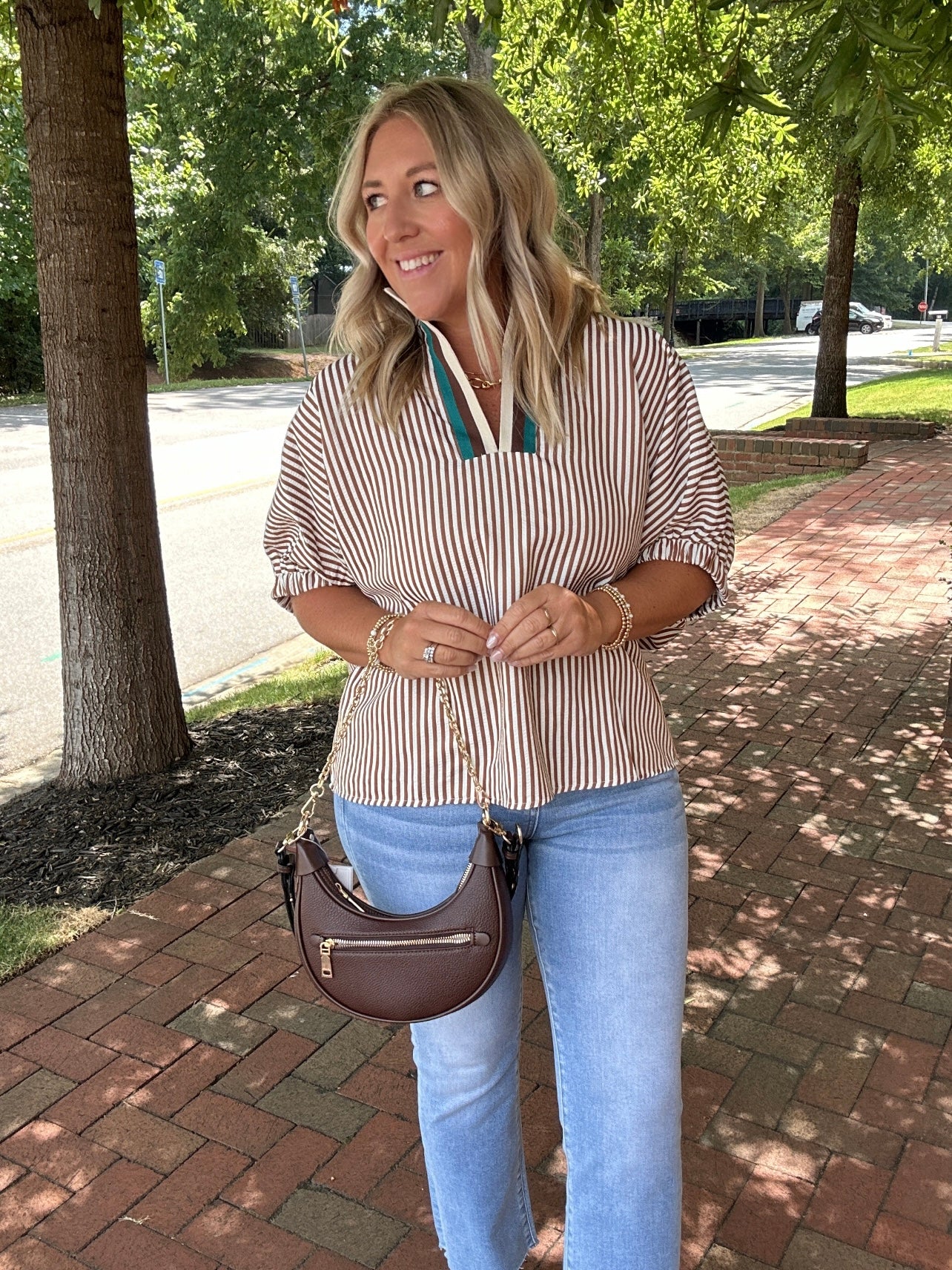 The Sky Is Gold Striped High Collar Flowy Top