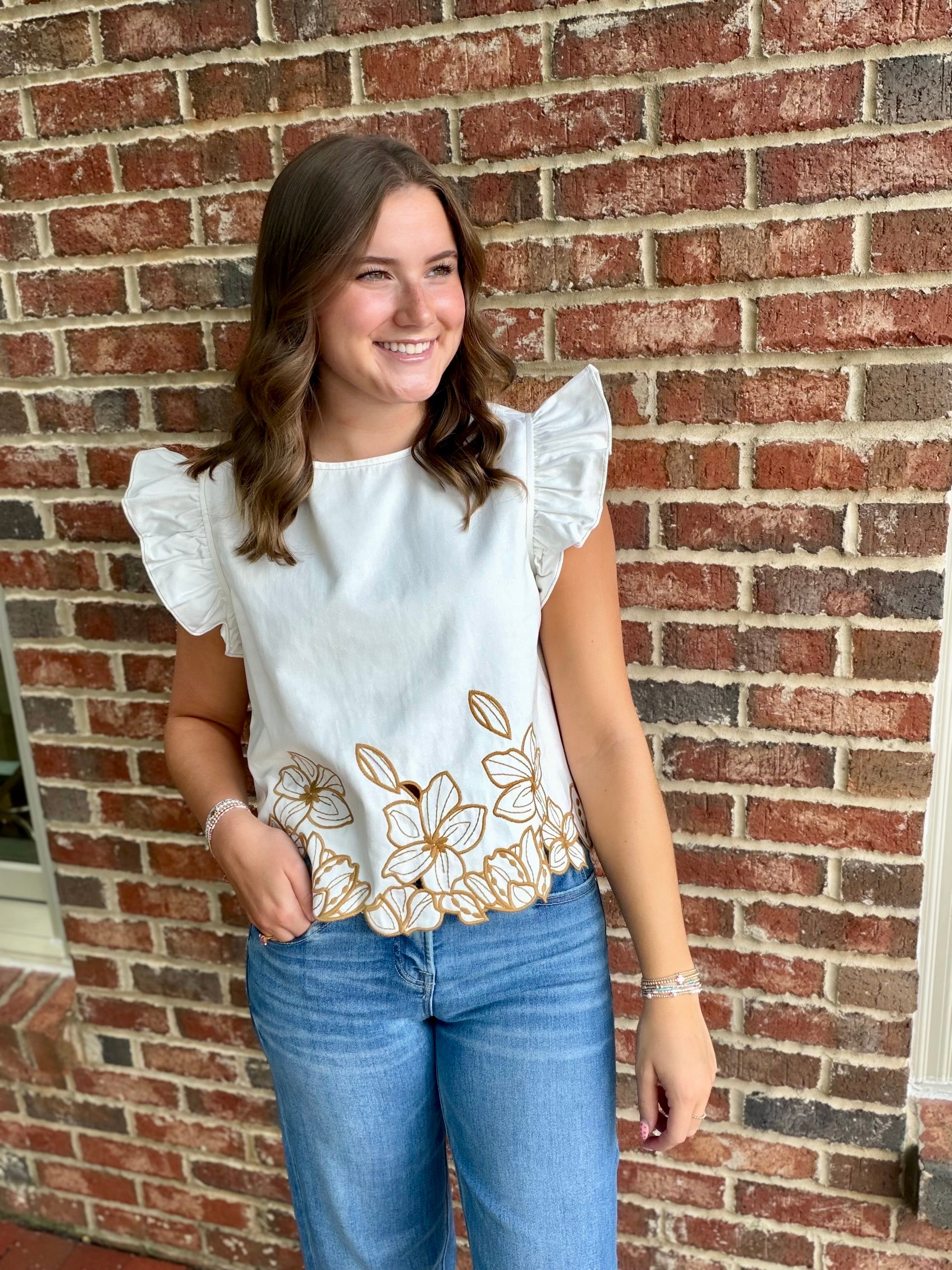 Saw You in Florals Cut-Out Embroidery Twill Ruffle Top