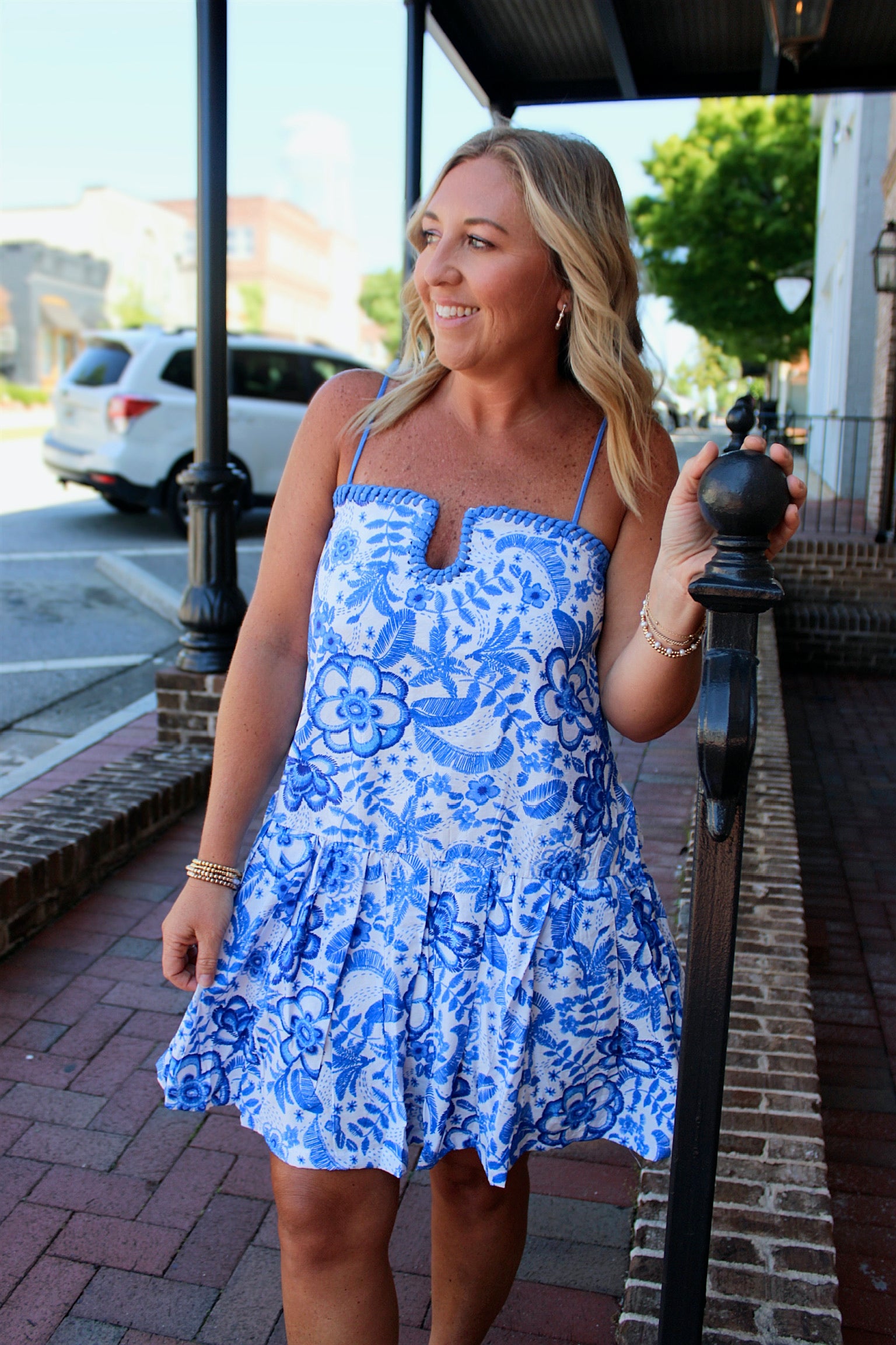 Take It All White and Blue Floral Mini Dress