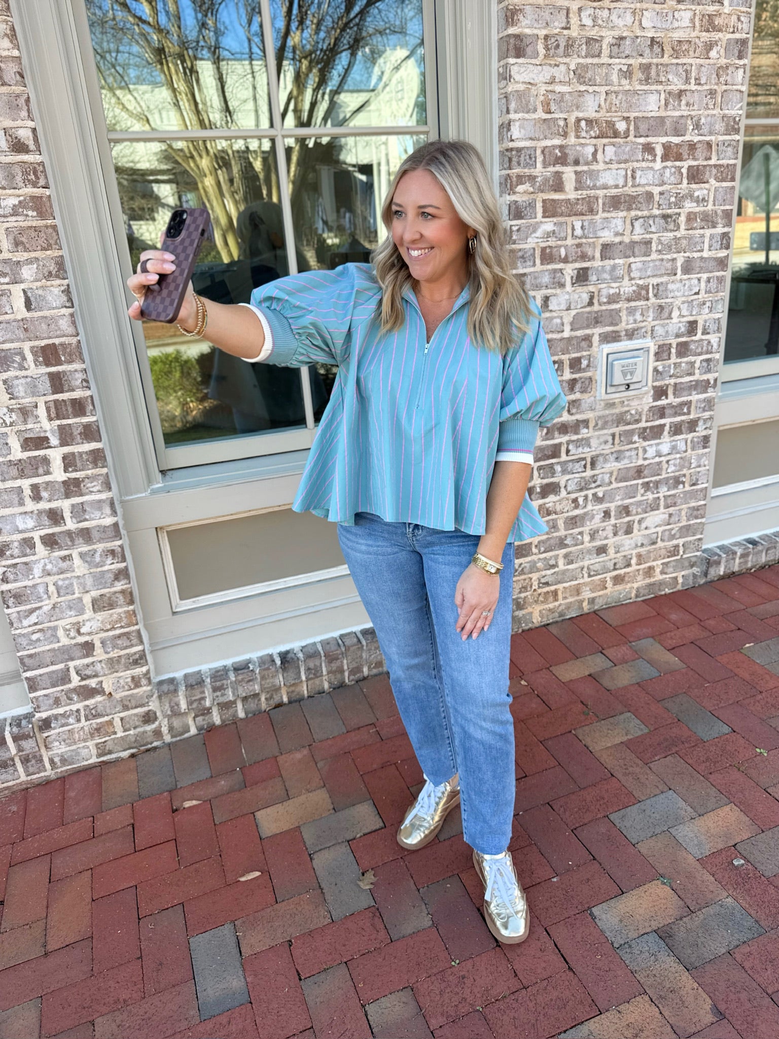 In the Spring 1/4 Zip Striped Blouse