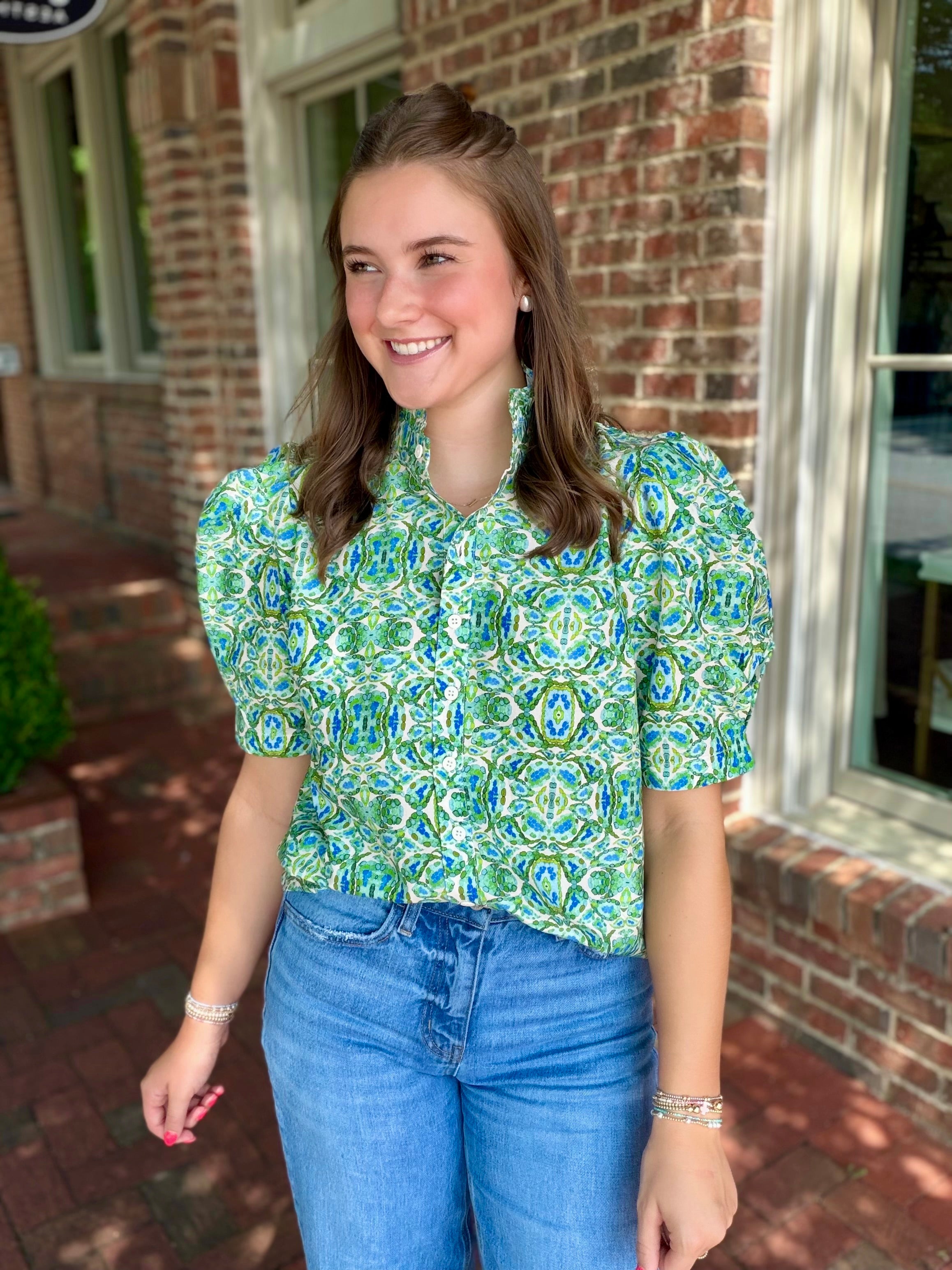 Emerald Bloom Bubble Sleeve Top