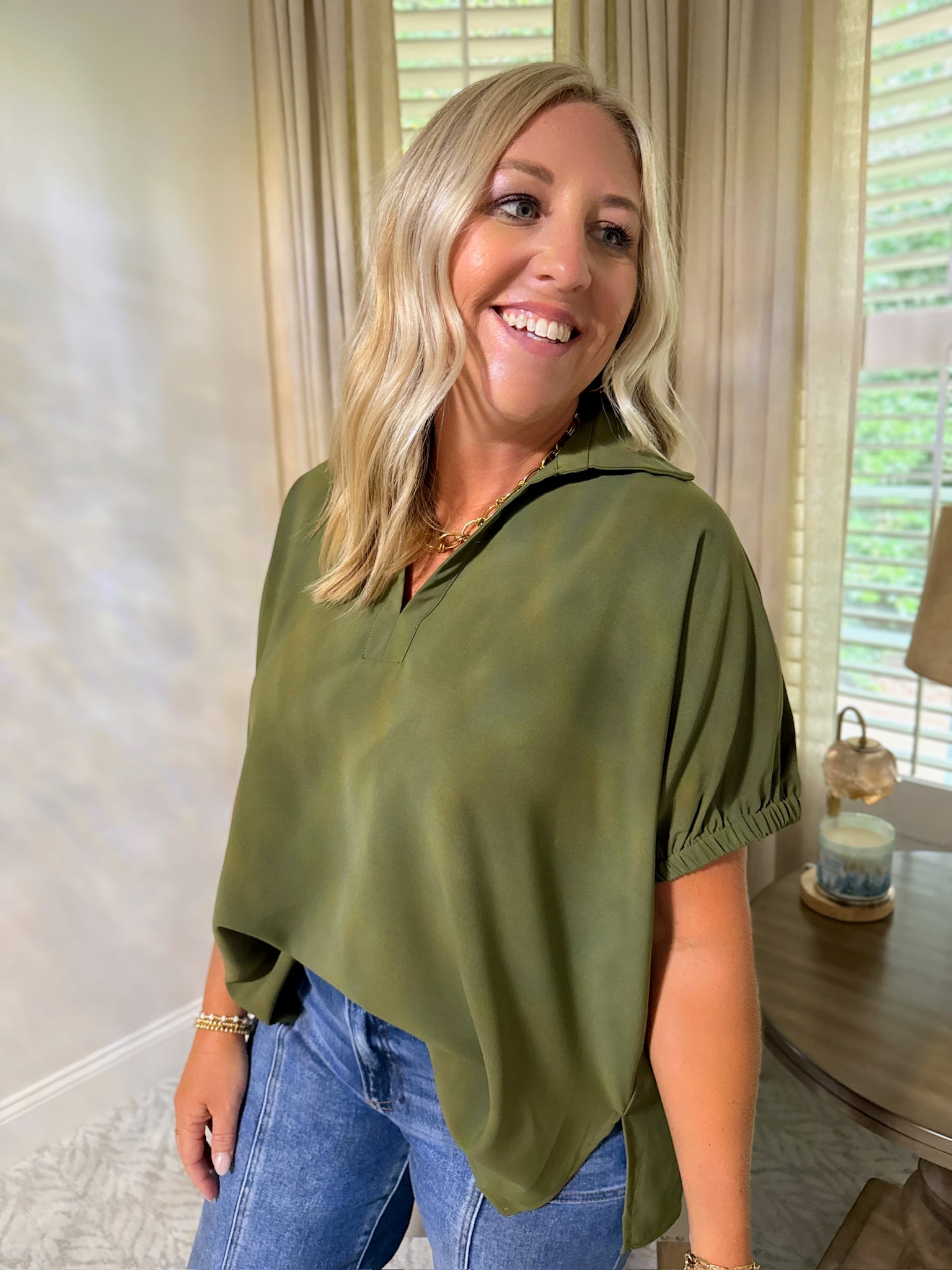 I Keep Running Back Light Weight Cinched Short Sleeve Top in Olive