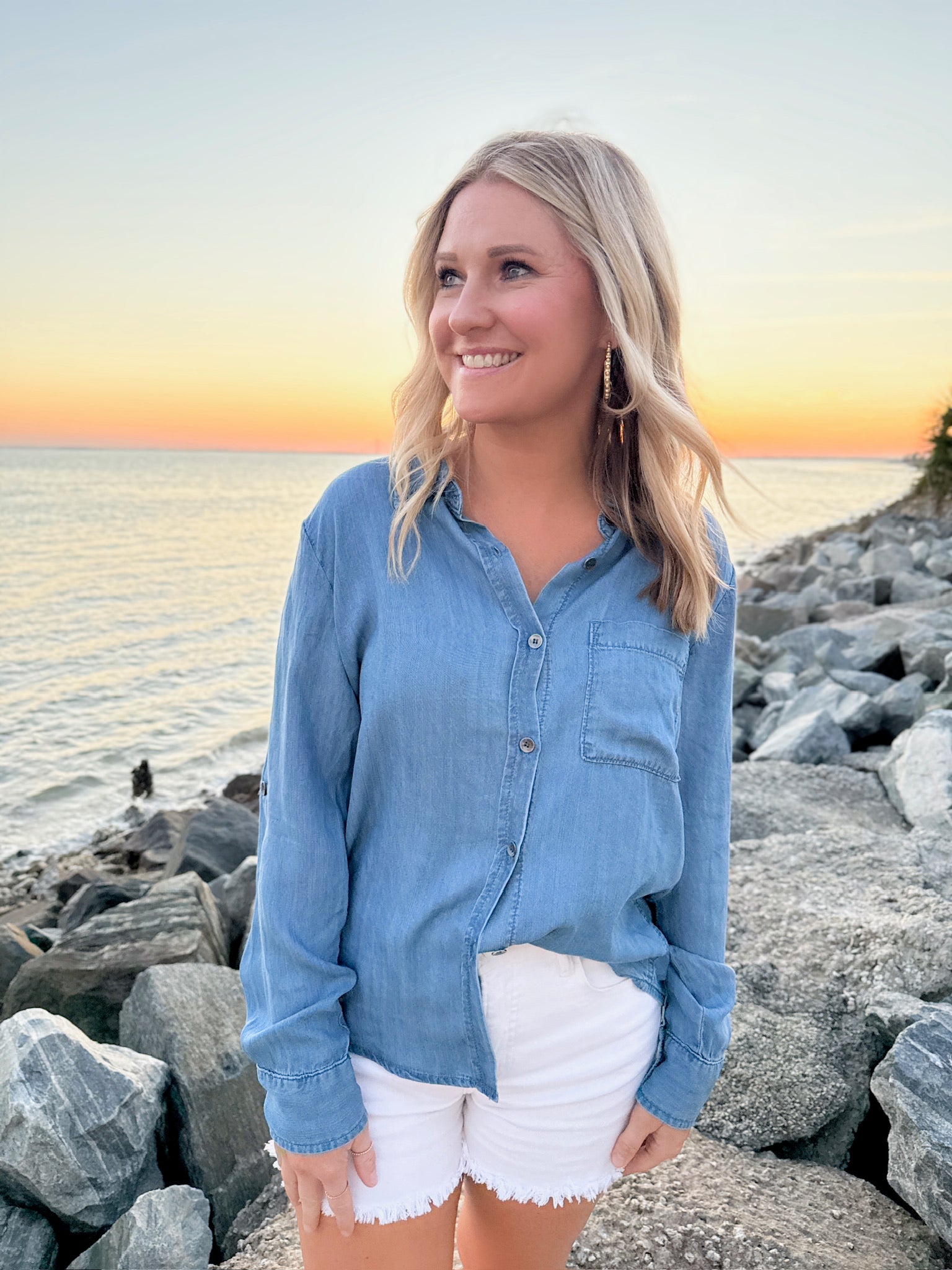 Beachin' It Mineral Wash Button Down Denim Light Weight Top