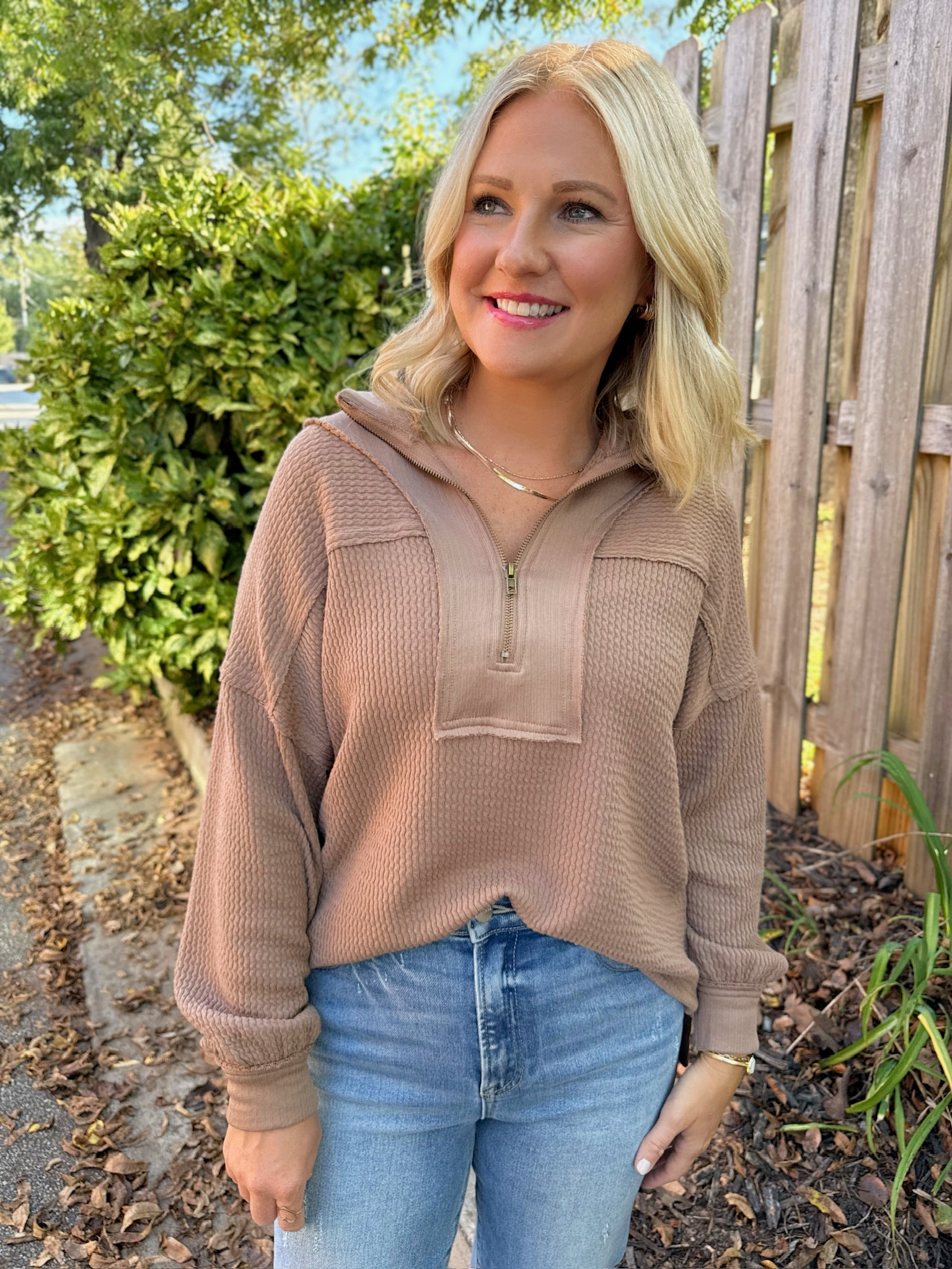 Cant Deny Half Zip Collar Long Sleeve Waffle Knit Top in Mocha