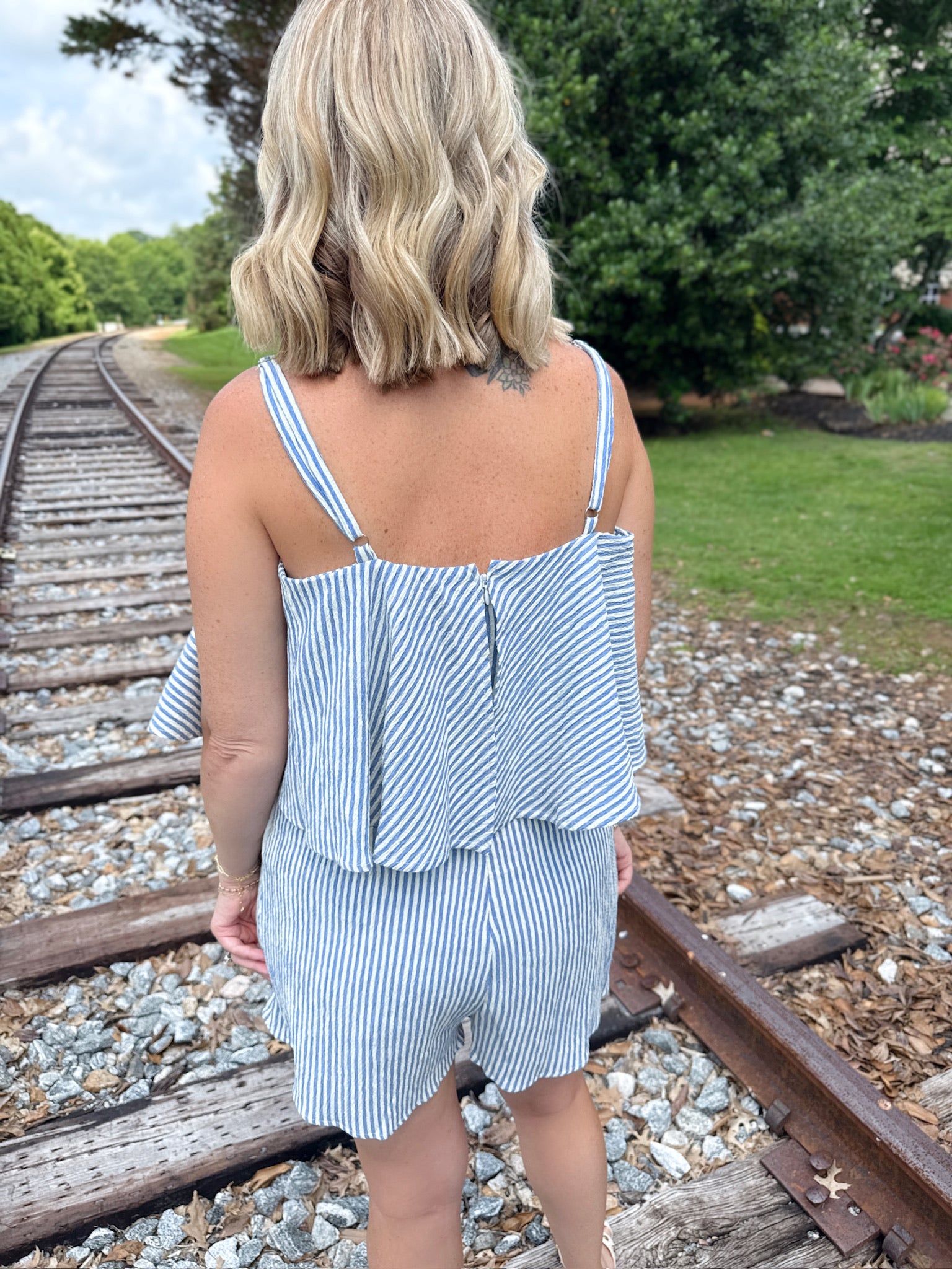 Obsessed With Me Striped Spaghetti Strap Romper in Blue