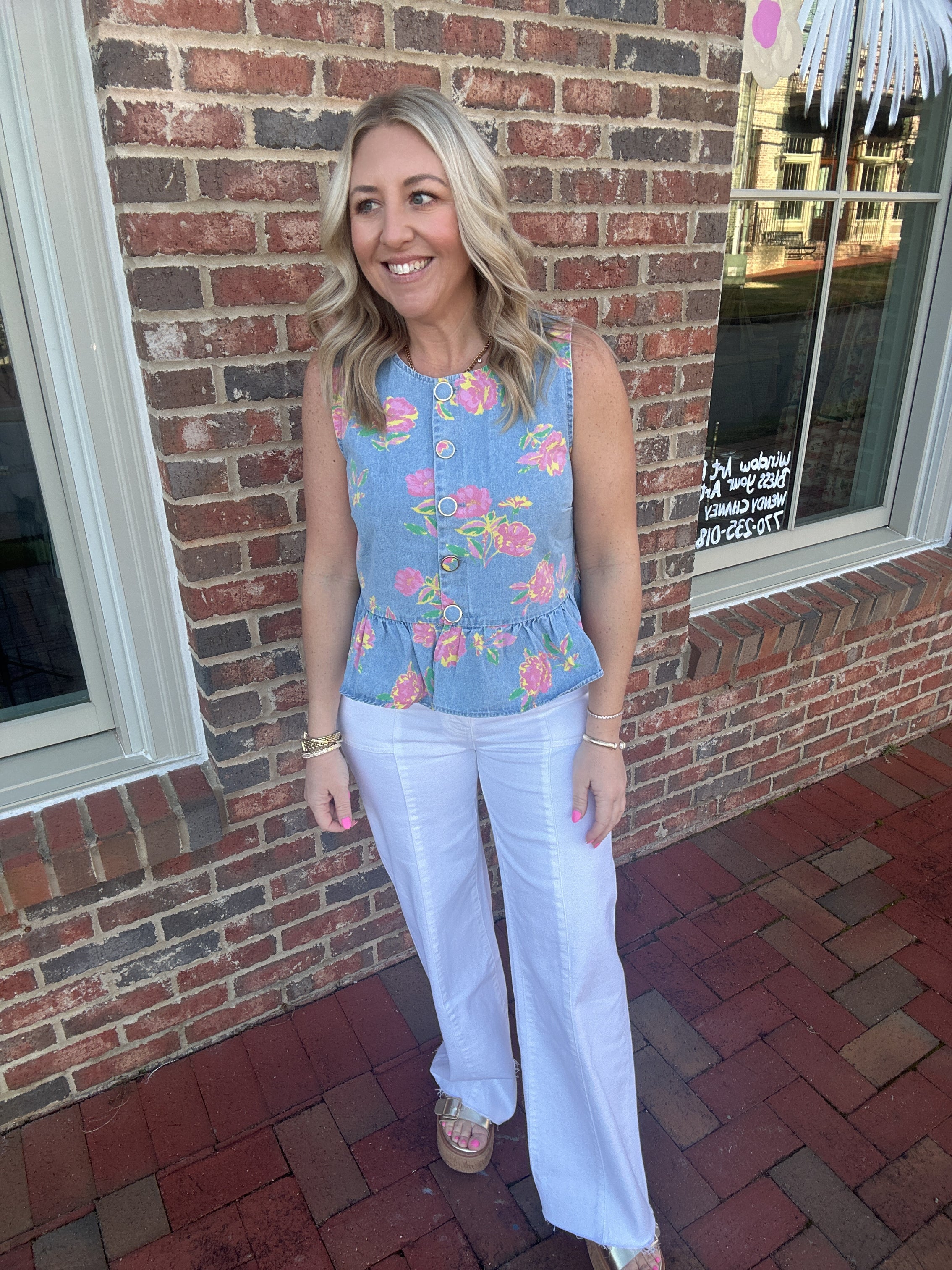 Follow The Florals Bright Flower Detail Denim Top