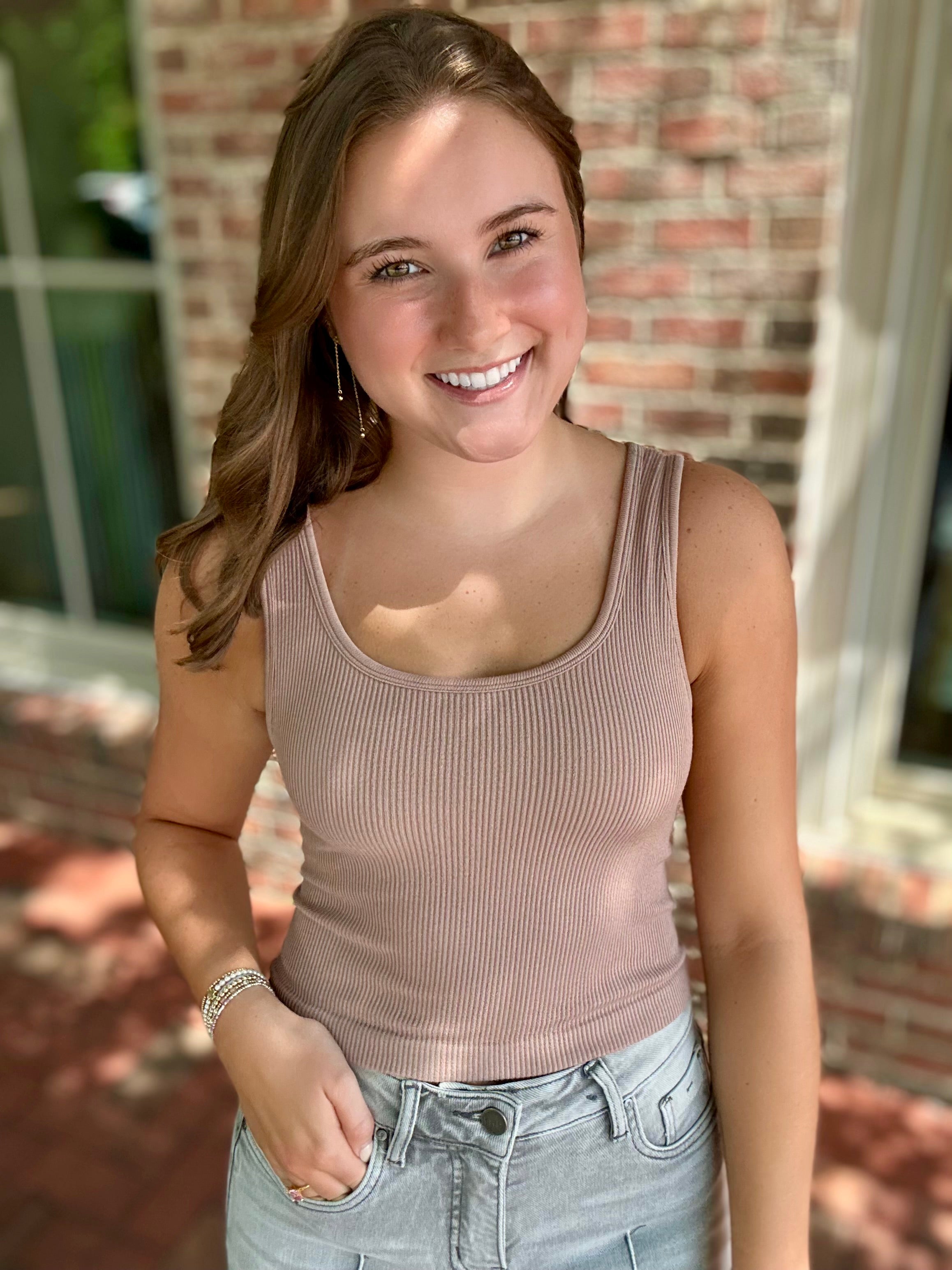 Comfort in Paradise Seamless Scoop Neck Sleeveless Top in Taupe