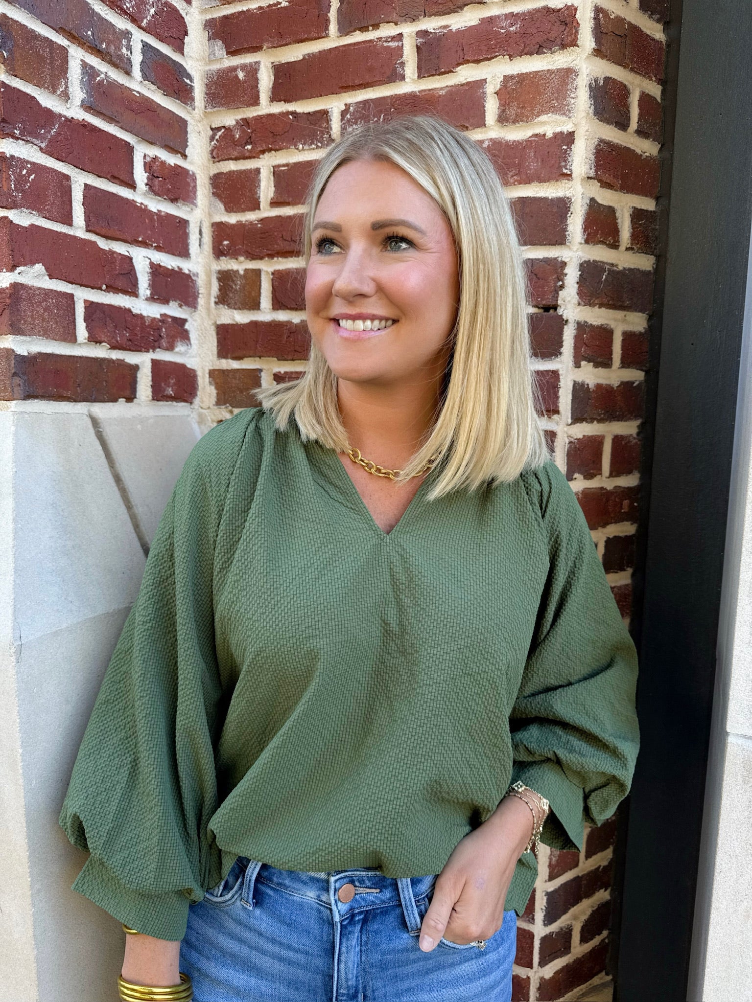 Feelin’ Myself Textured Blouse with Bubble Sleeve in Olive