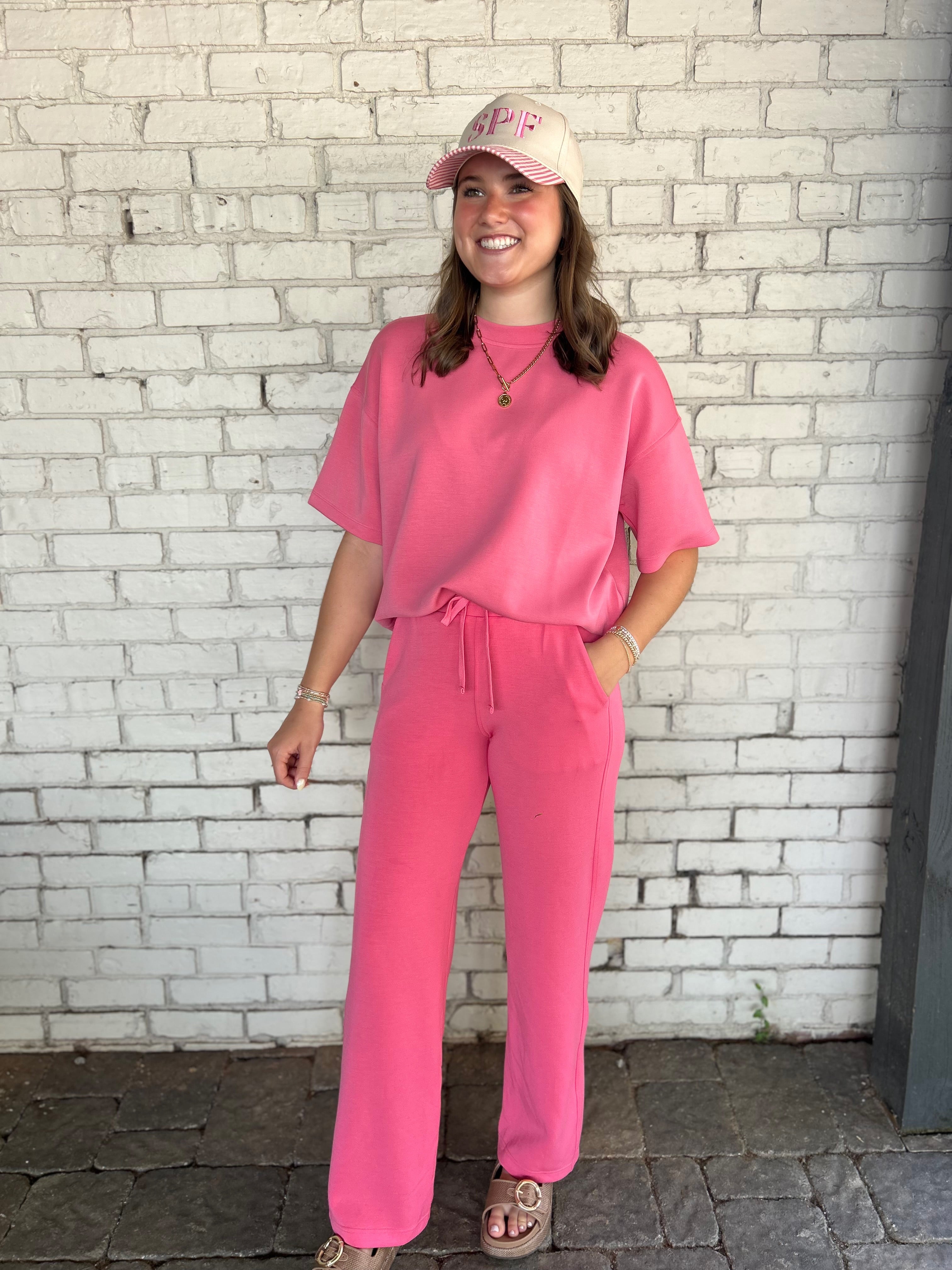 Let It Be Scuba Short Sleeve Top In Bright Pink
