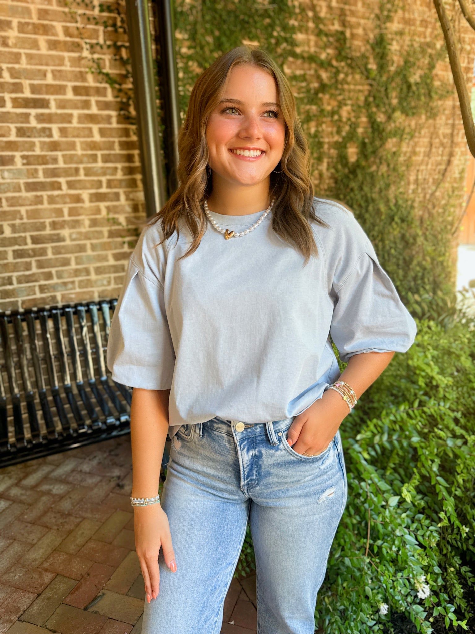 Backup Plan Round Neck Bubble Sleeve Top in Blue