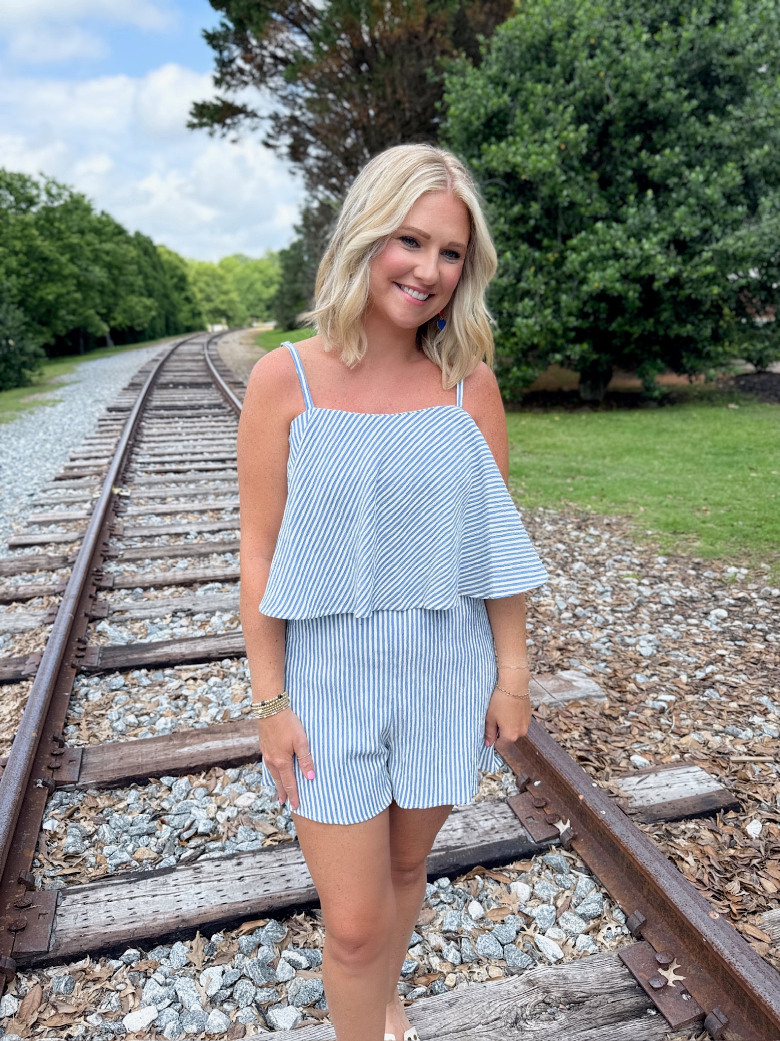 Obsessed With Me Striped Spaghetti Strap Romper in Blue