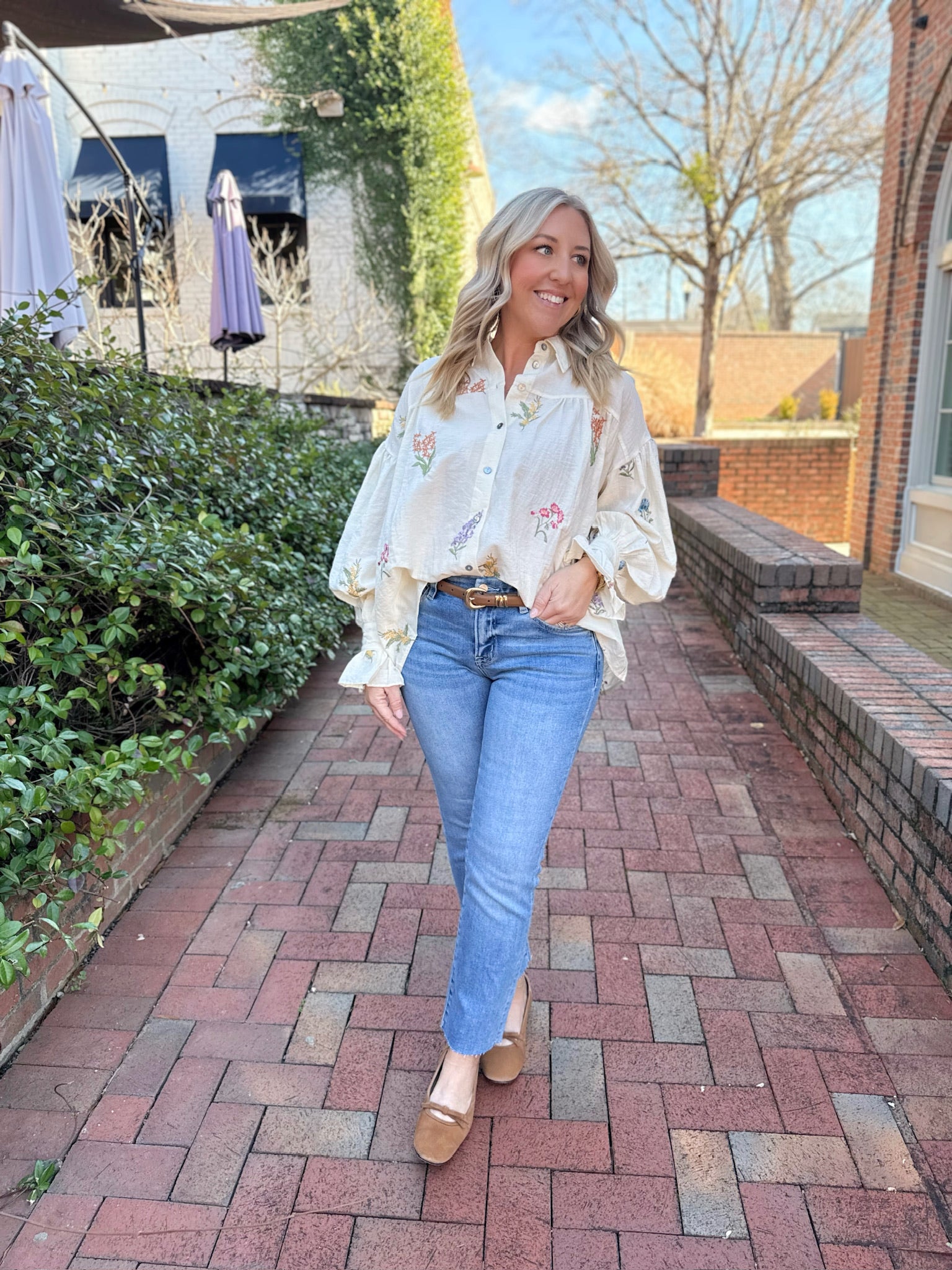 Take the Road Embroidered Button Down Top