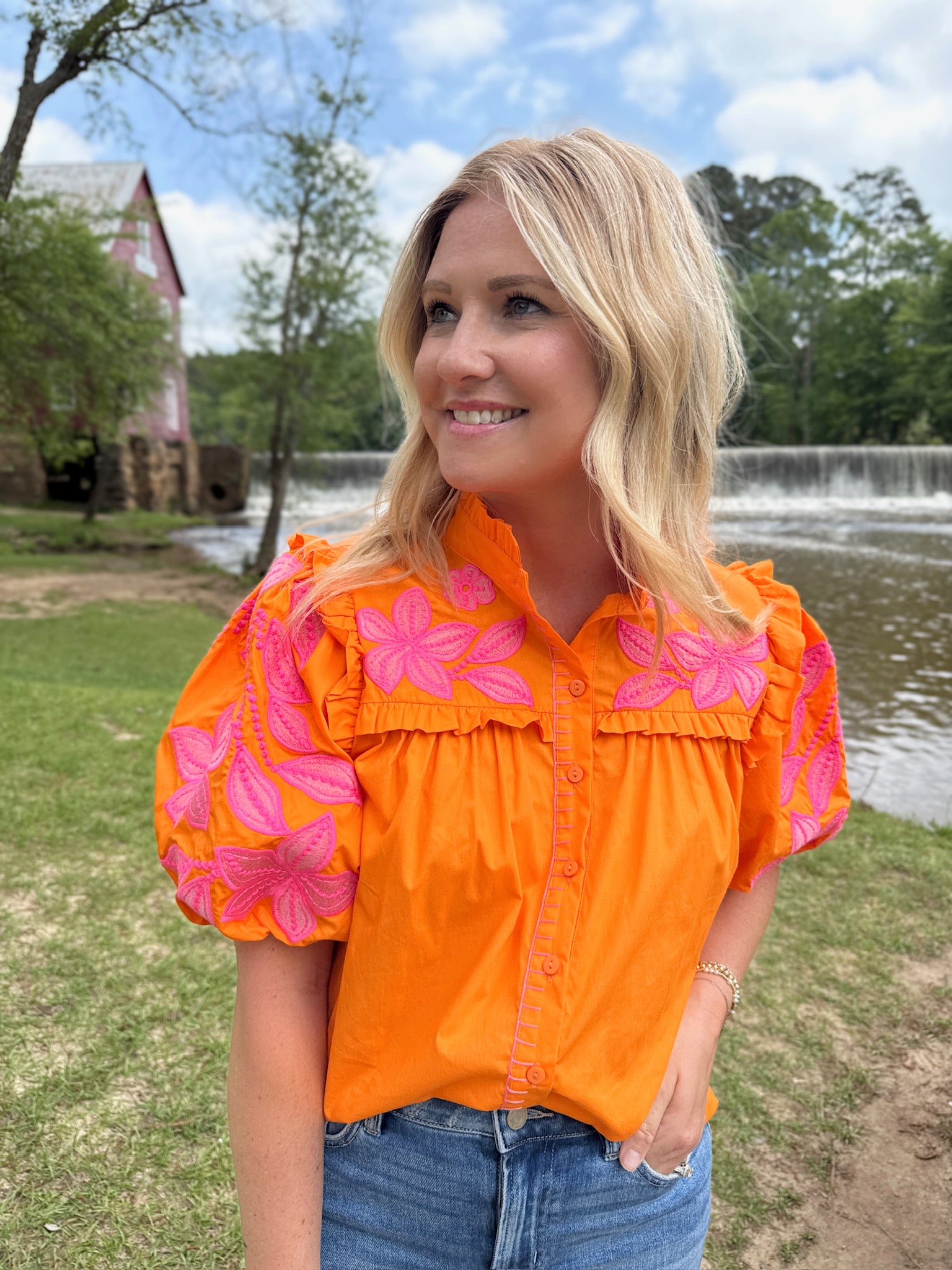 Check On Me Puff Sleeve Embroidered Top