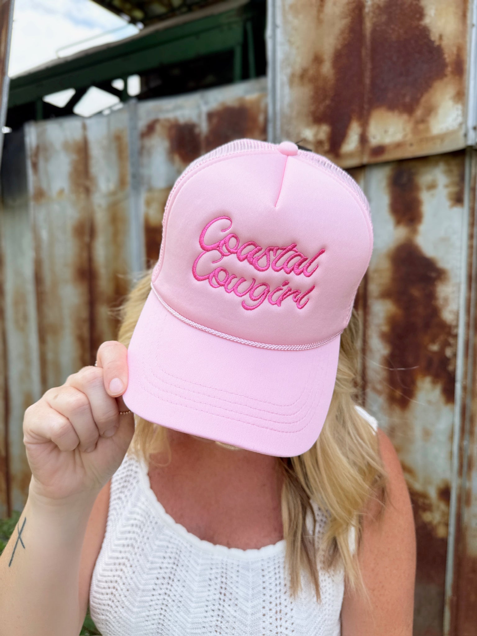 Coastal Cowgirl Embroidered Hat in Baby Pink