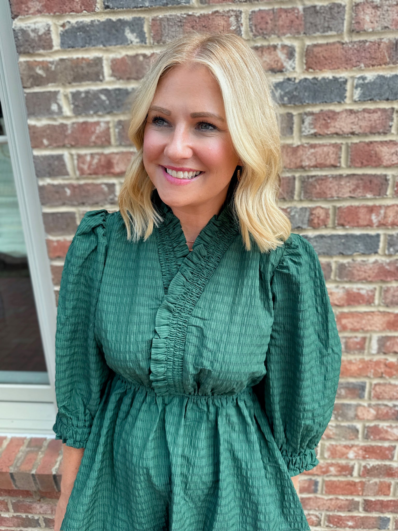 I Belong To You Textured Quarter Sleeve Ruffle Dress