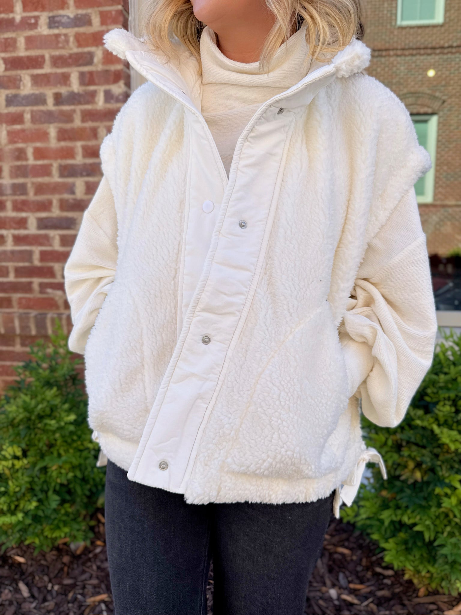 Finally Feeling Cozy Sherpa Vest Jacket With Tie-up Side Details in White