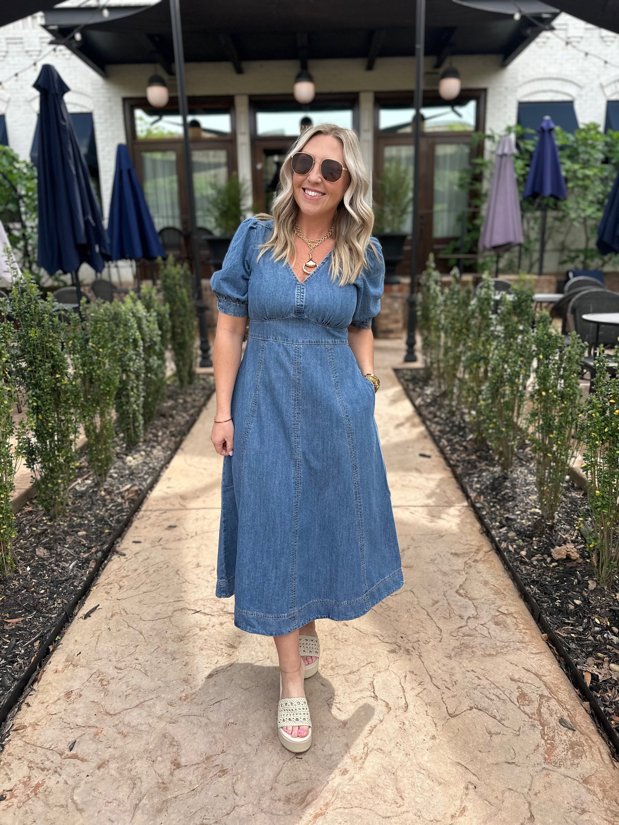 denim puff sleeve midi dress Young Girls Heart Denim Puff Sleeve Midi Dress