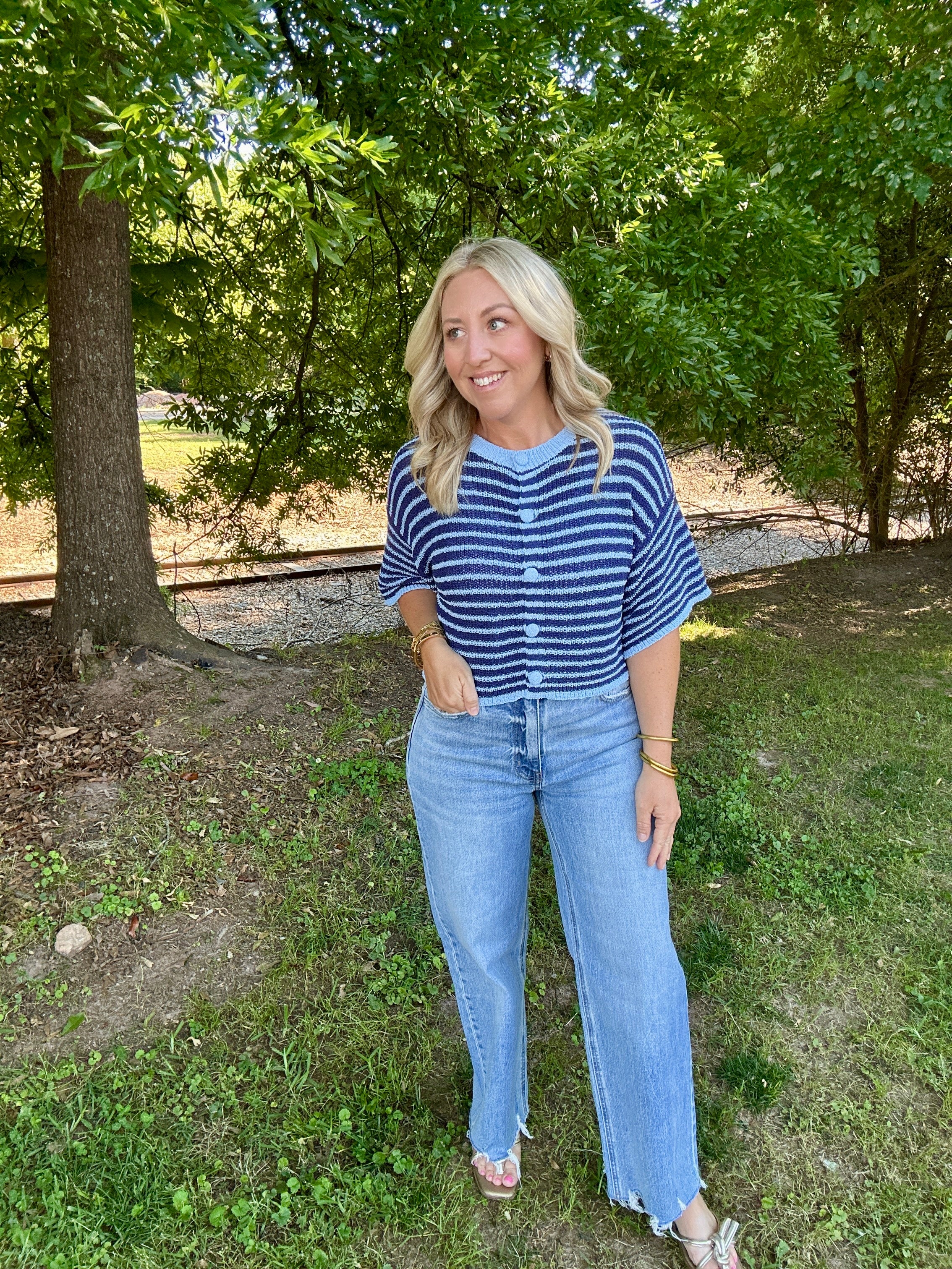 Listen To Every Word Striped Button Down lightweight Knit Top
