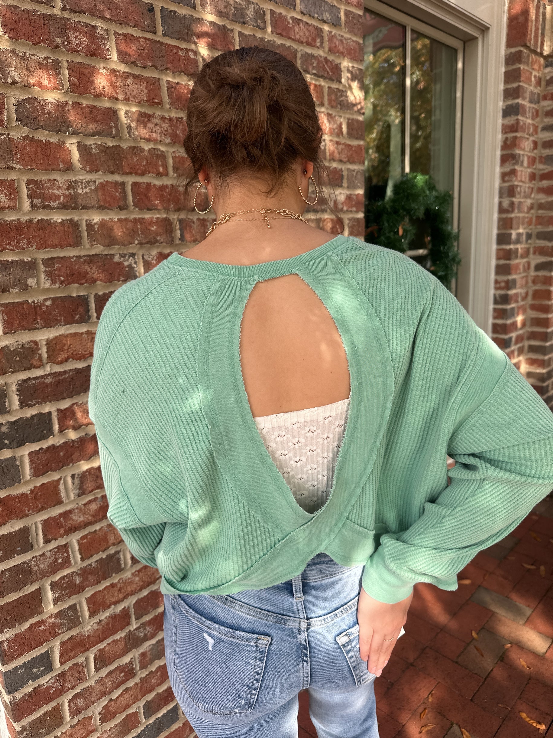 Contrast To You Open Back Waffle Knit Top in Emerald