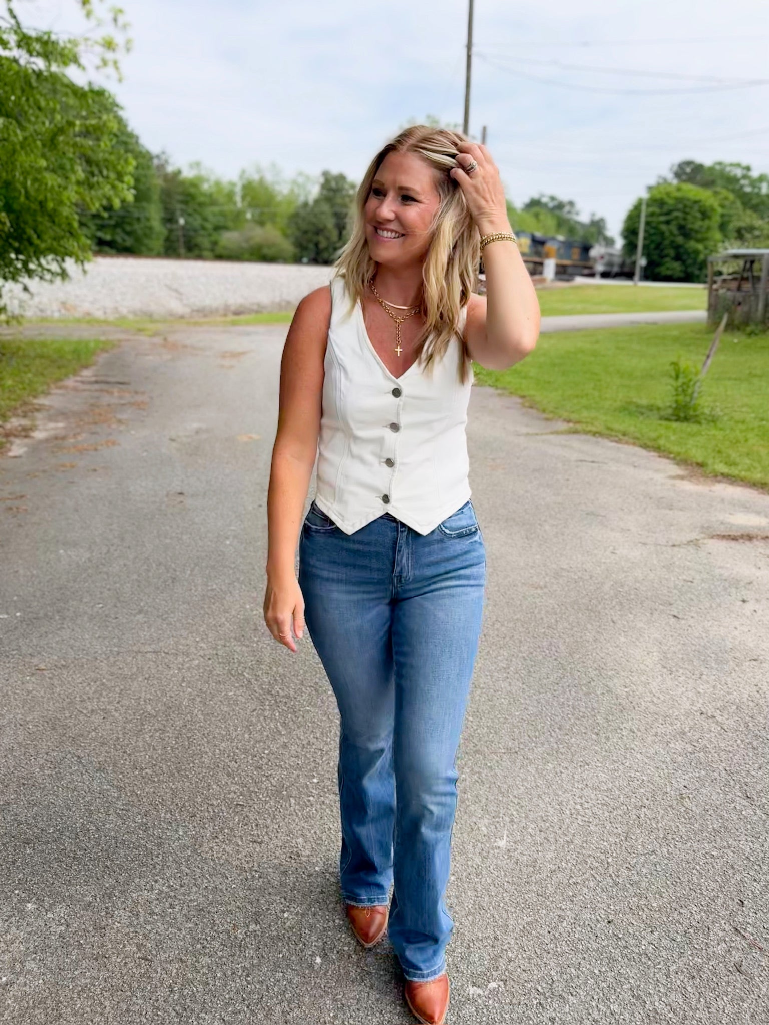 Love Ain't V Neck Button Down Denim Vest in Cream