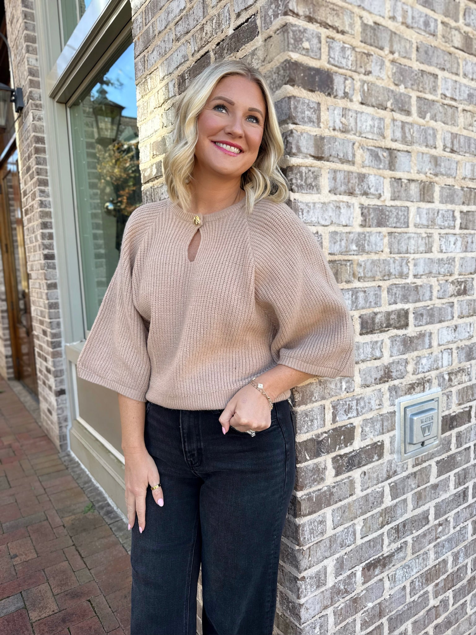 Sunday Breeze Gold Button Accent Quarter Sleeve Sweater