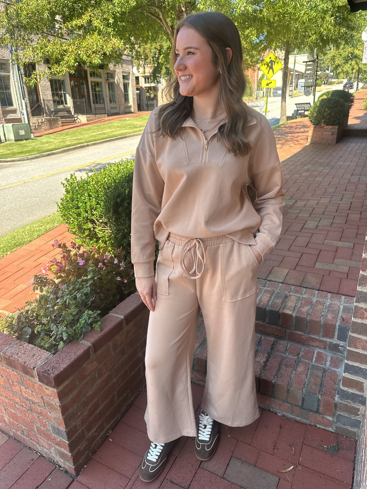 Scuba Half Zip Pullover & Wide Leg Pants Set In Camel