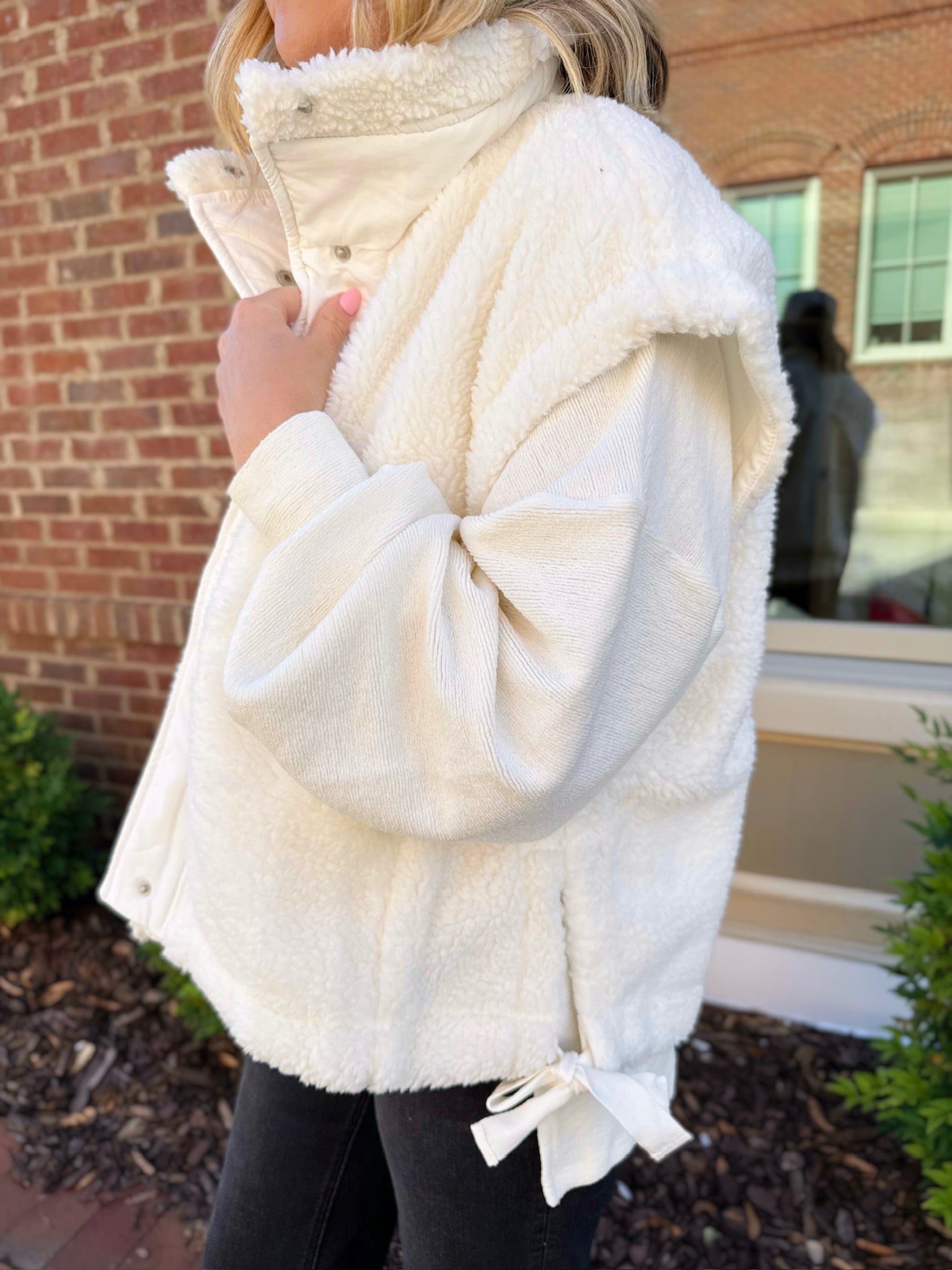 Finally Feeling Cozy Sherpa Vest Jacket With Tie-up Side Details in White