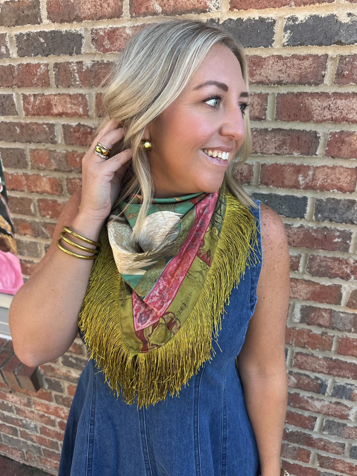Crane Print Fringe Trim Scarf