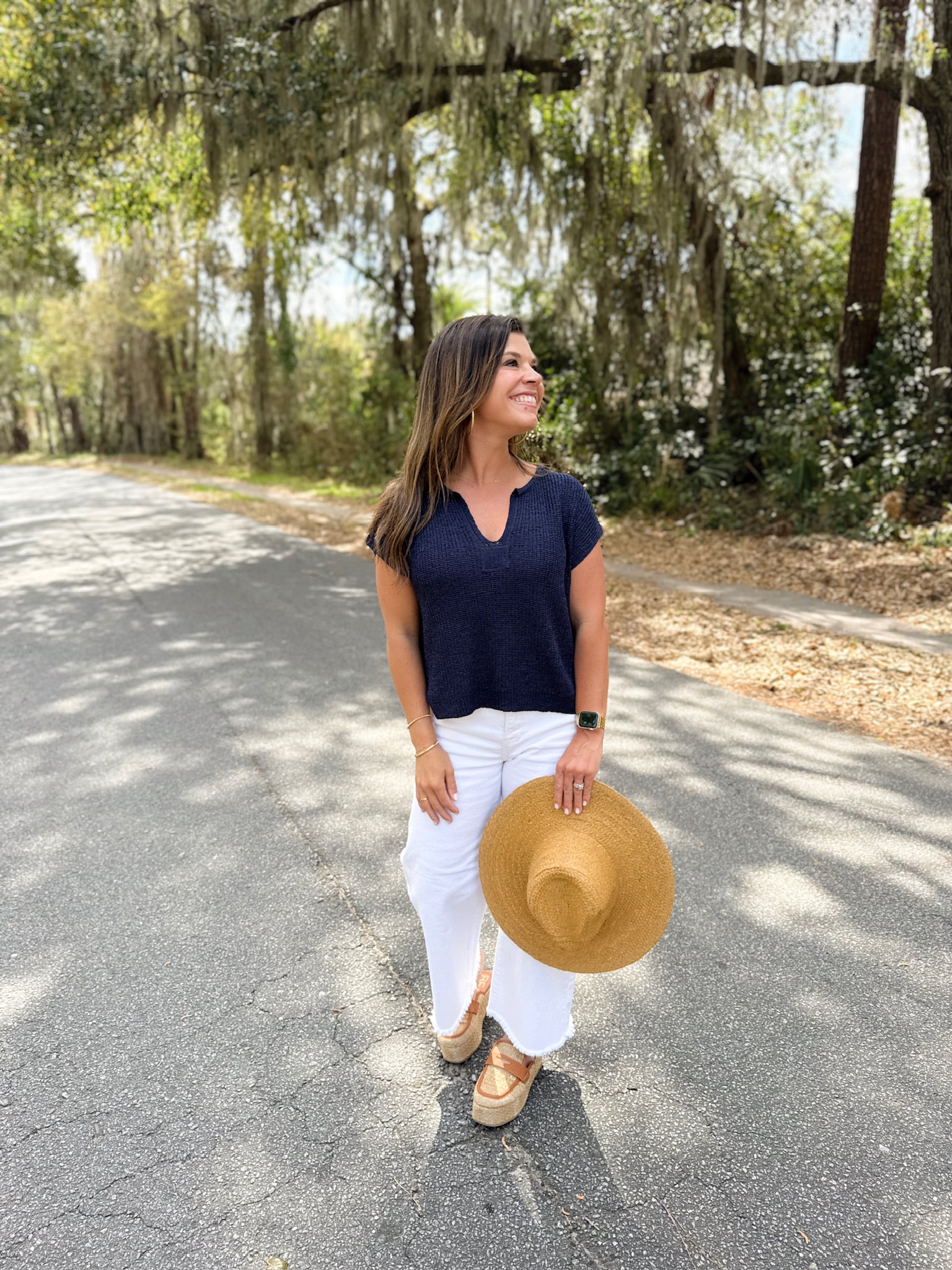 Straw Braid Flat Brim Sun Hat: Tan