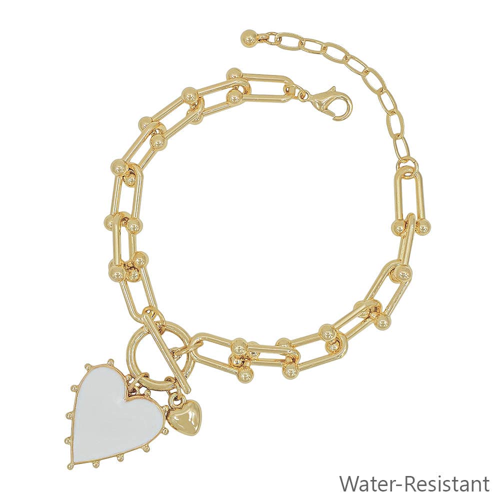 Gold Chain with White Studded Heart Charm Bracelet