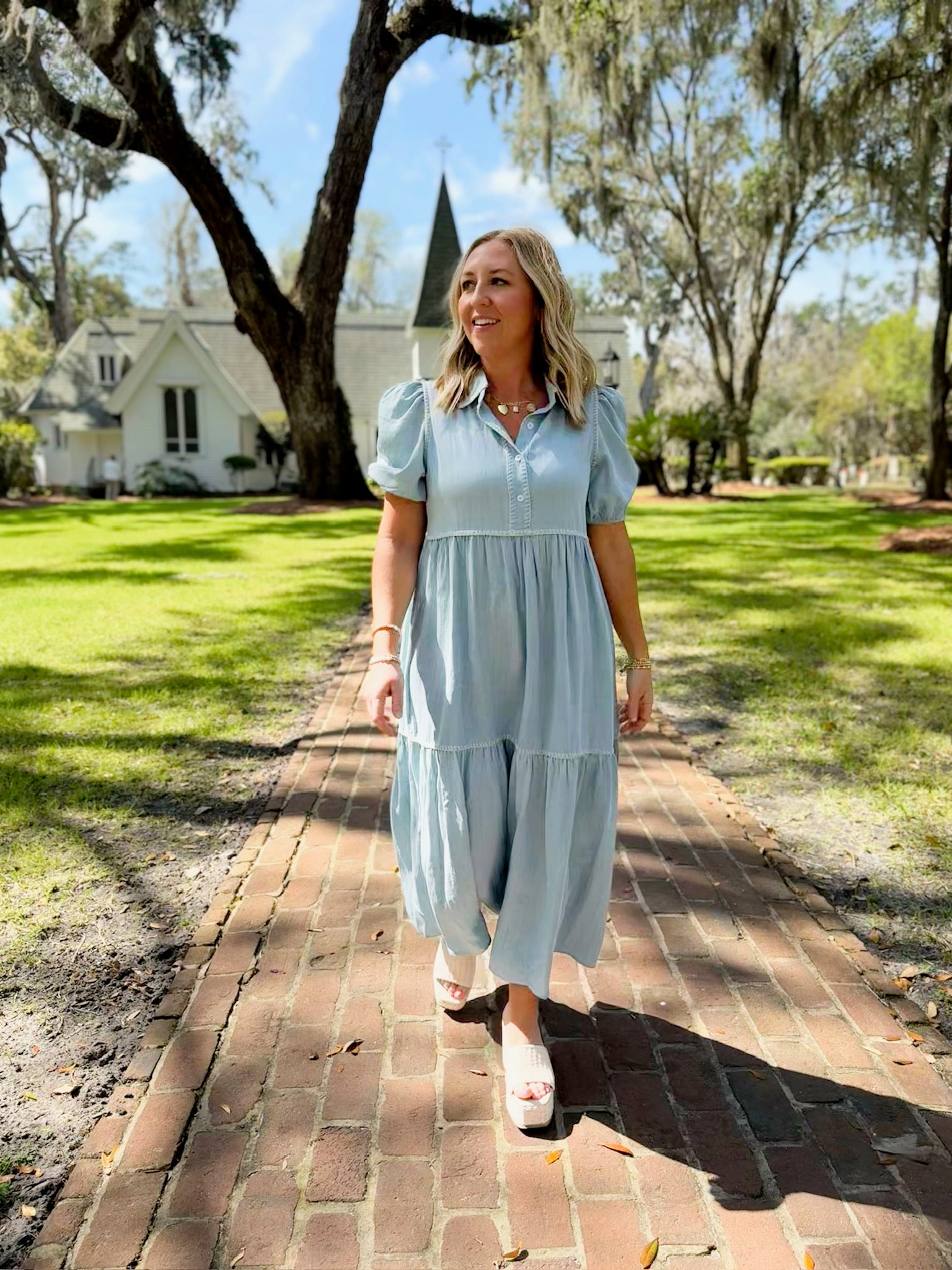 Feeling It Denim Quarter Sleeve Button Collar Maxi Dress
